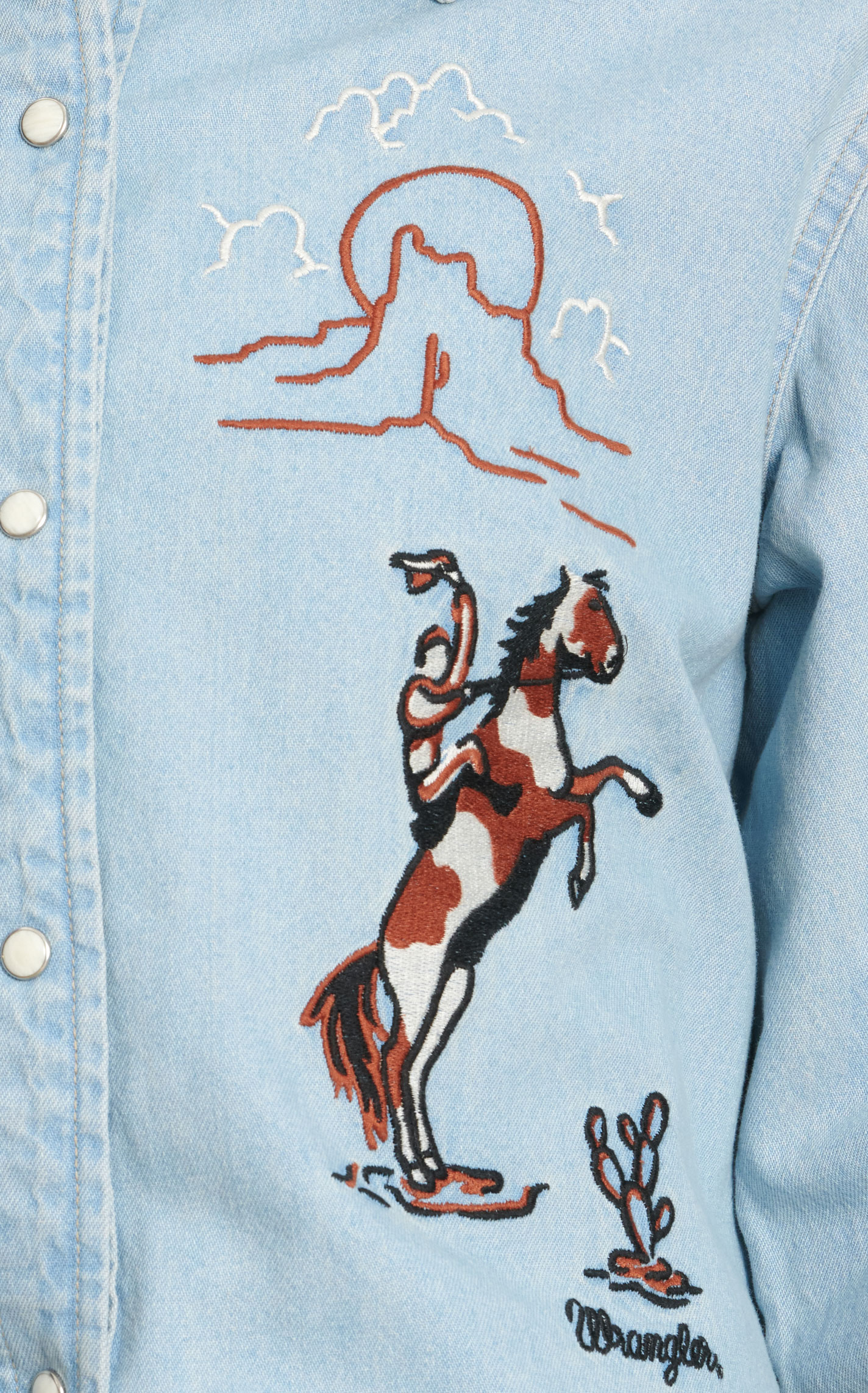 Wrangler Retro Women's Denim Blue Cinnamon & Cream Western Embroidery Long Sleeve Western Shirt  - Image 1