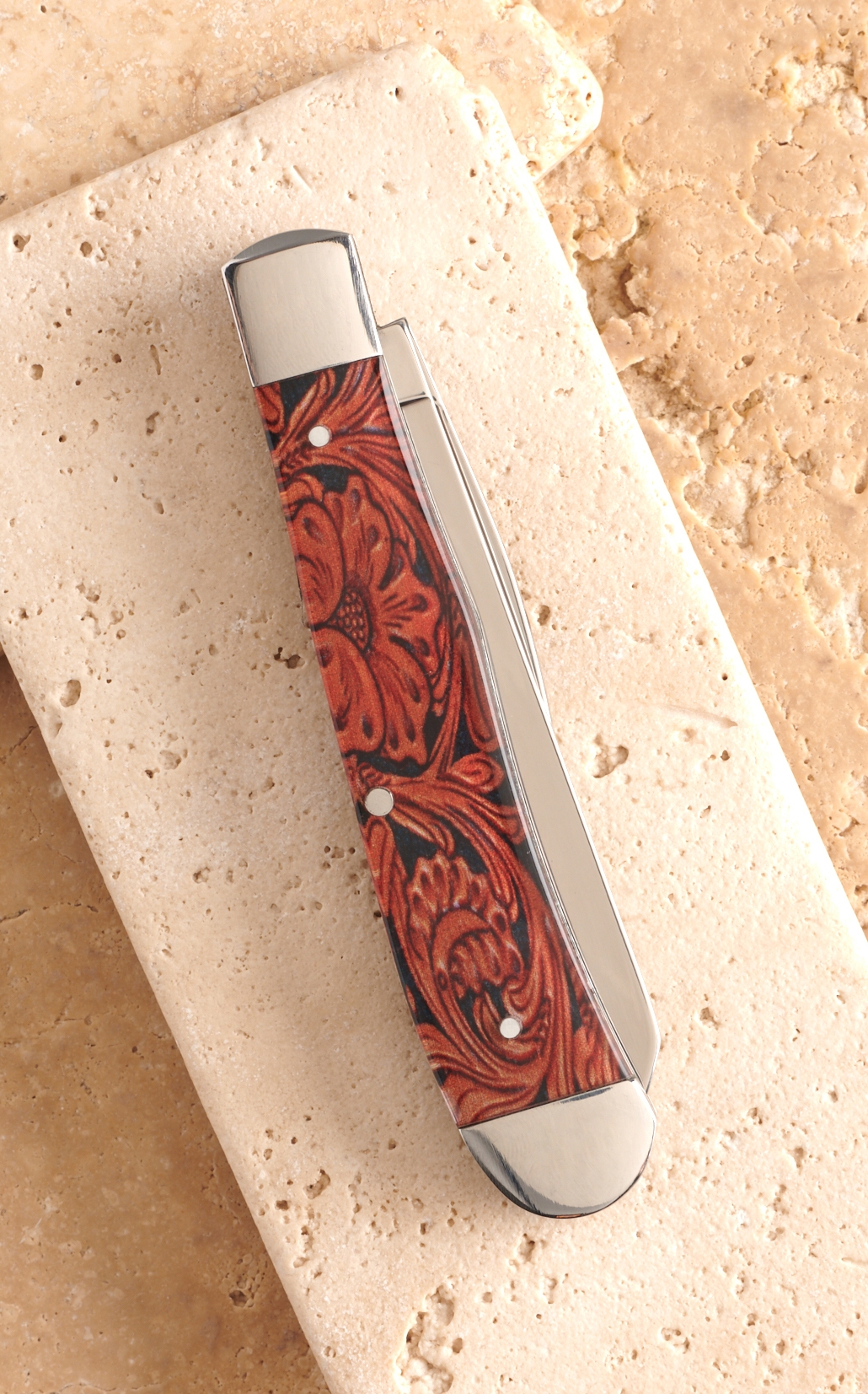 Circle SH Cutlery Acrylic Floral Tooled Leather Print Trapper Knife - Image 1