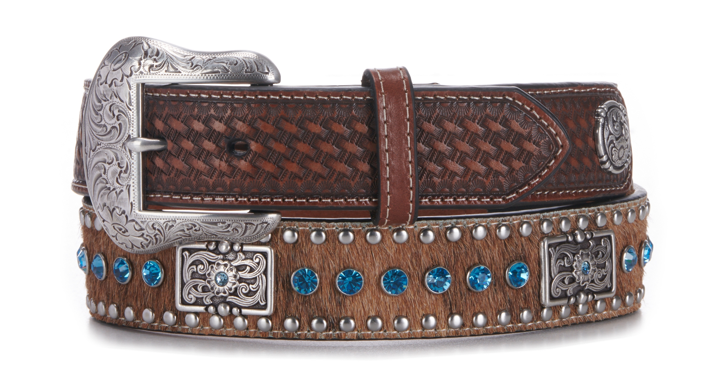 Nocona Men's Brown with Hair and Blue Crystals Concho Western Belt - Image 1