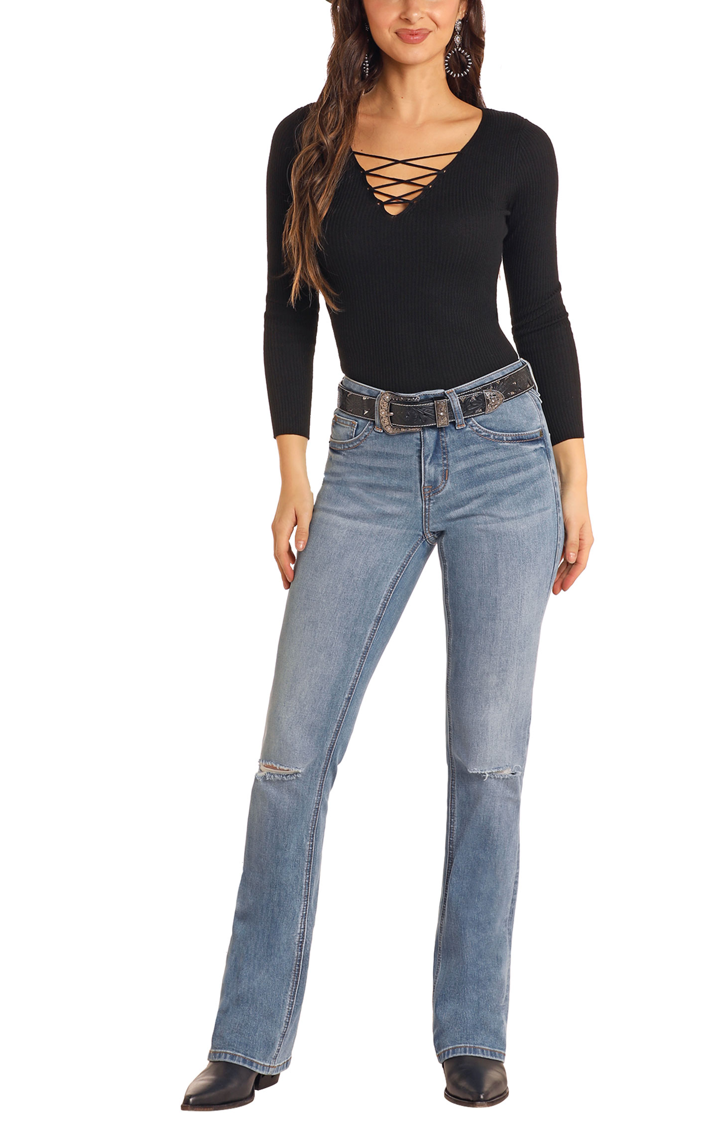 Rock & Roll Denim Women's Light Wash Distressed Boot Cut Jeans - Image 1