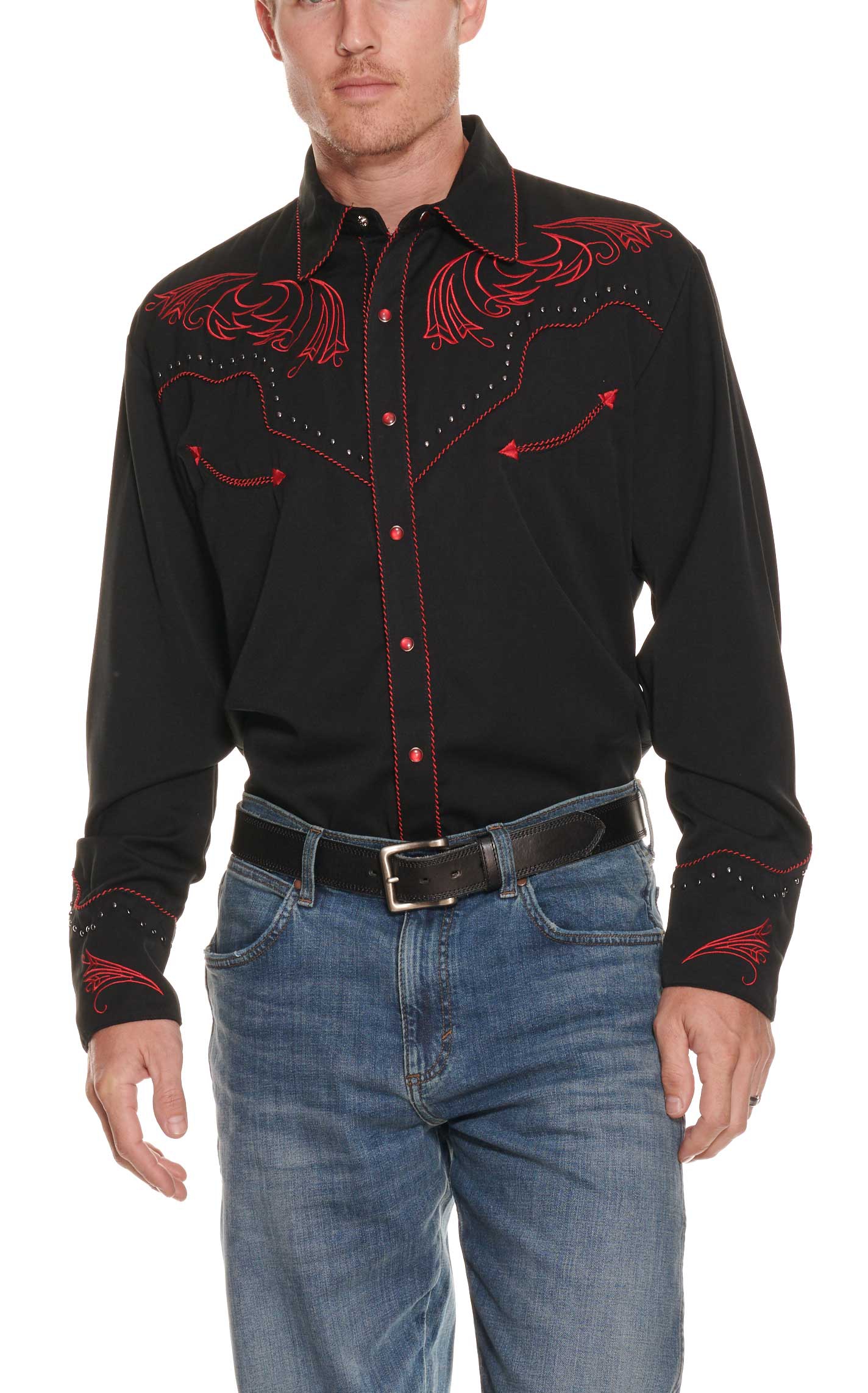 Scully Men's Black With Red Embroidered Scroll Long Sleeve Western Shirt - Image 1