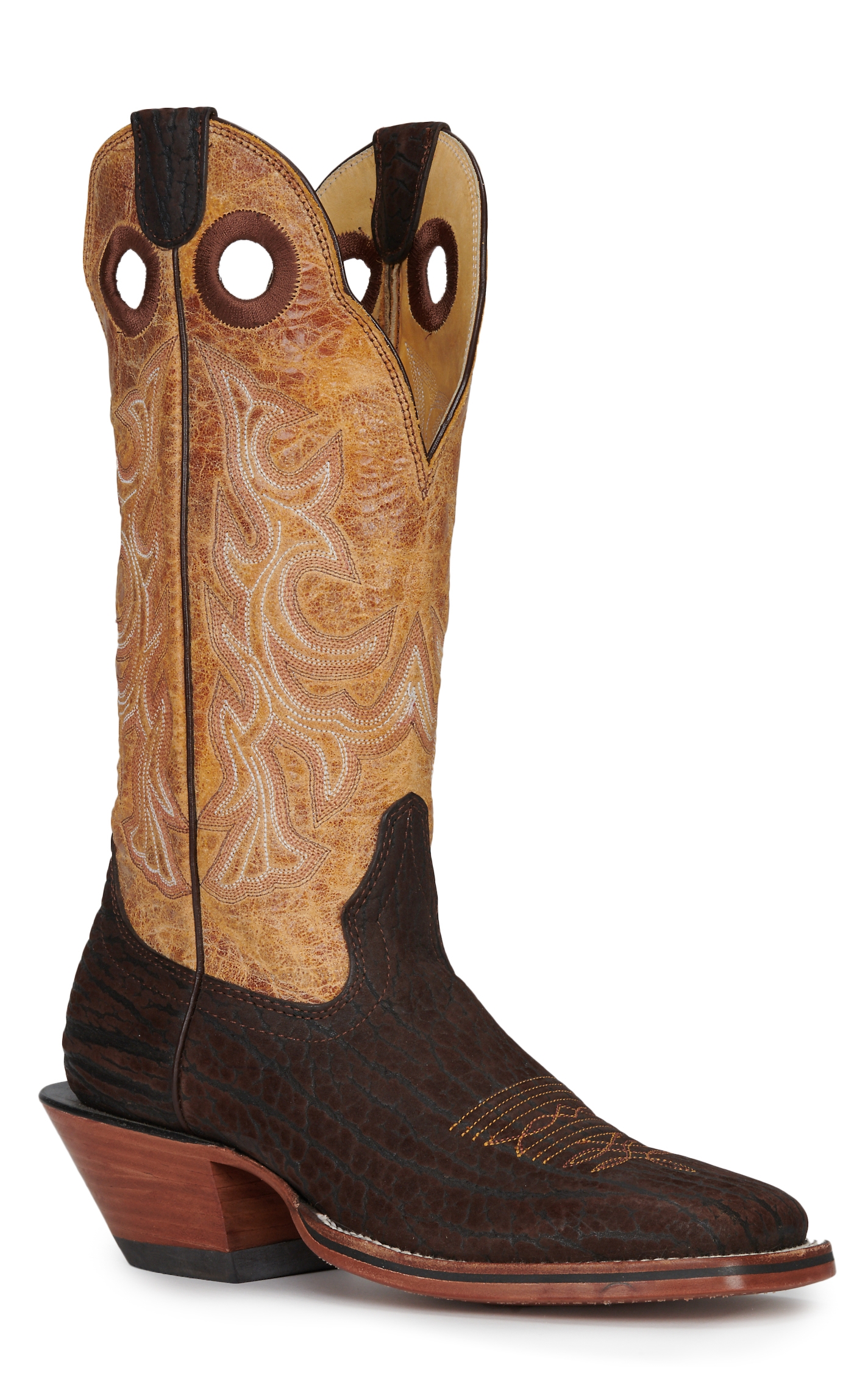 Hondo Men's Chocolate Nubuck Bullhide and Tan Wide Square Toe Cowboy Boots - Image 1