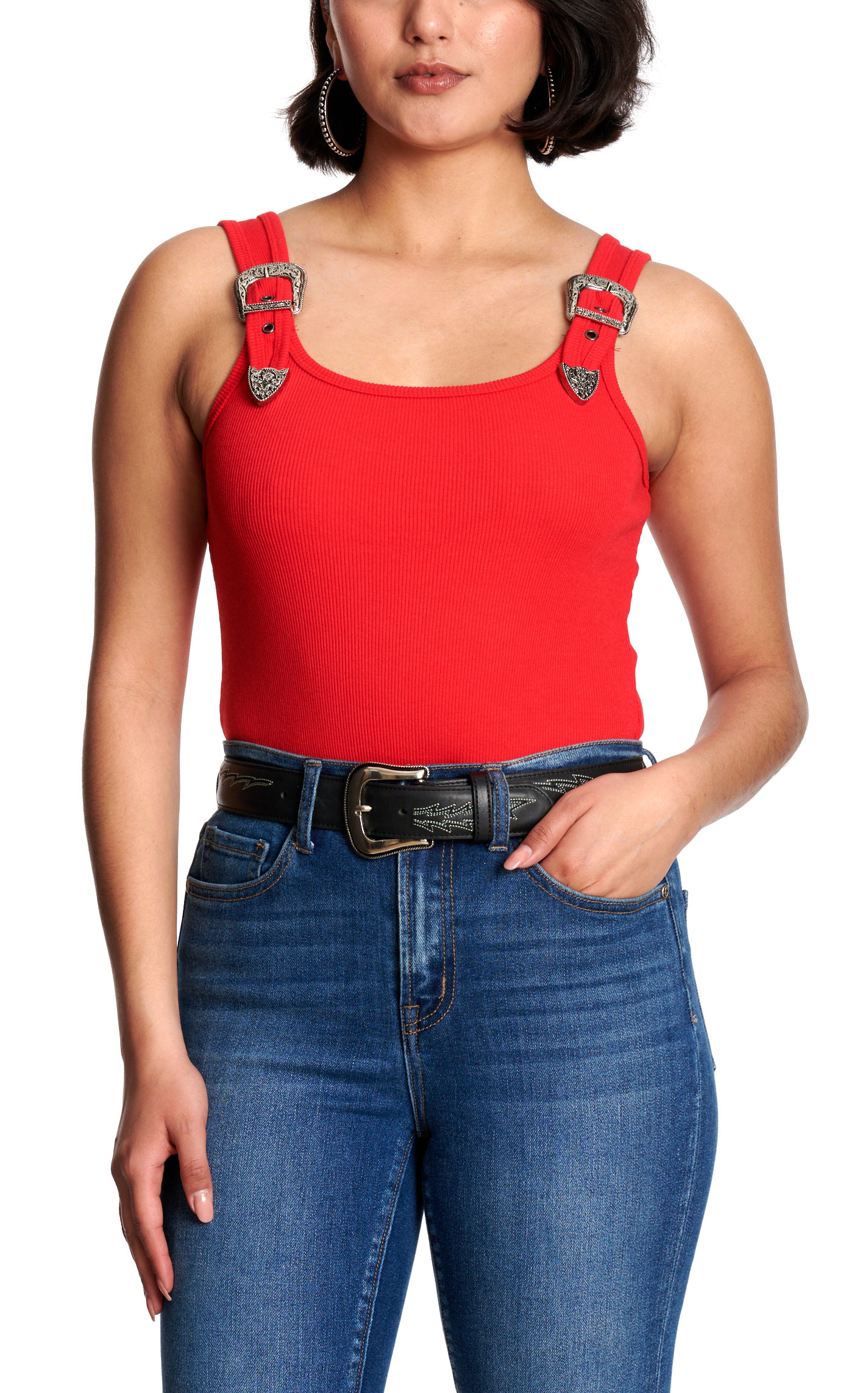 Blue B Women's Red Ribbed Etched Silver Western Buckle Tank Bodysuit - Image 2