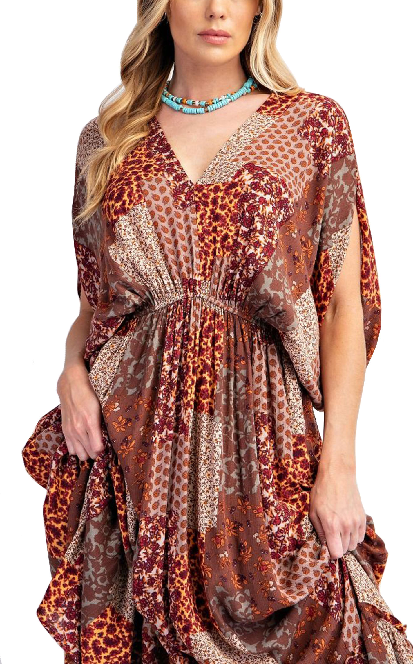 EASEL Women's Mocha & Cream Patchwork Maxi Dress - Image 1