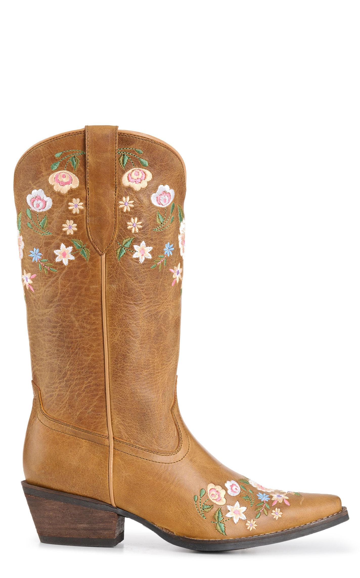 Rockin C Women’s Tan Floral Embroidered Leather Snip Toe Cowboy Boots - Image 1