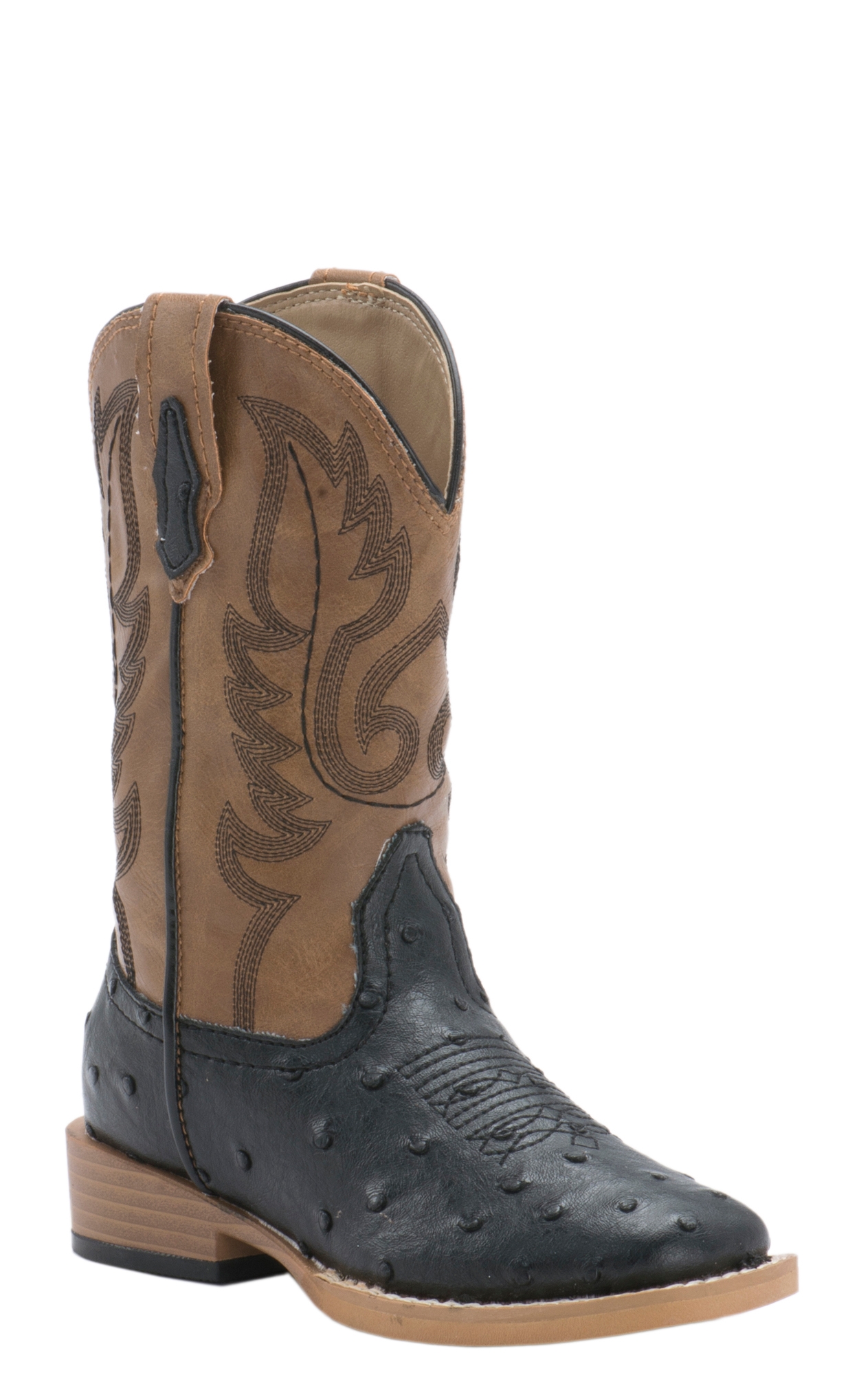 Roper Kids Black Ostrich Print with Tan Square Toe Cowboy Boot - Image 1