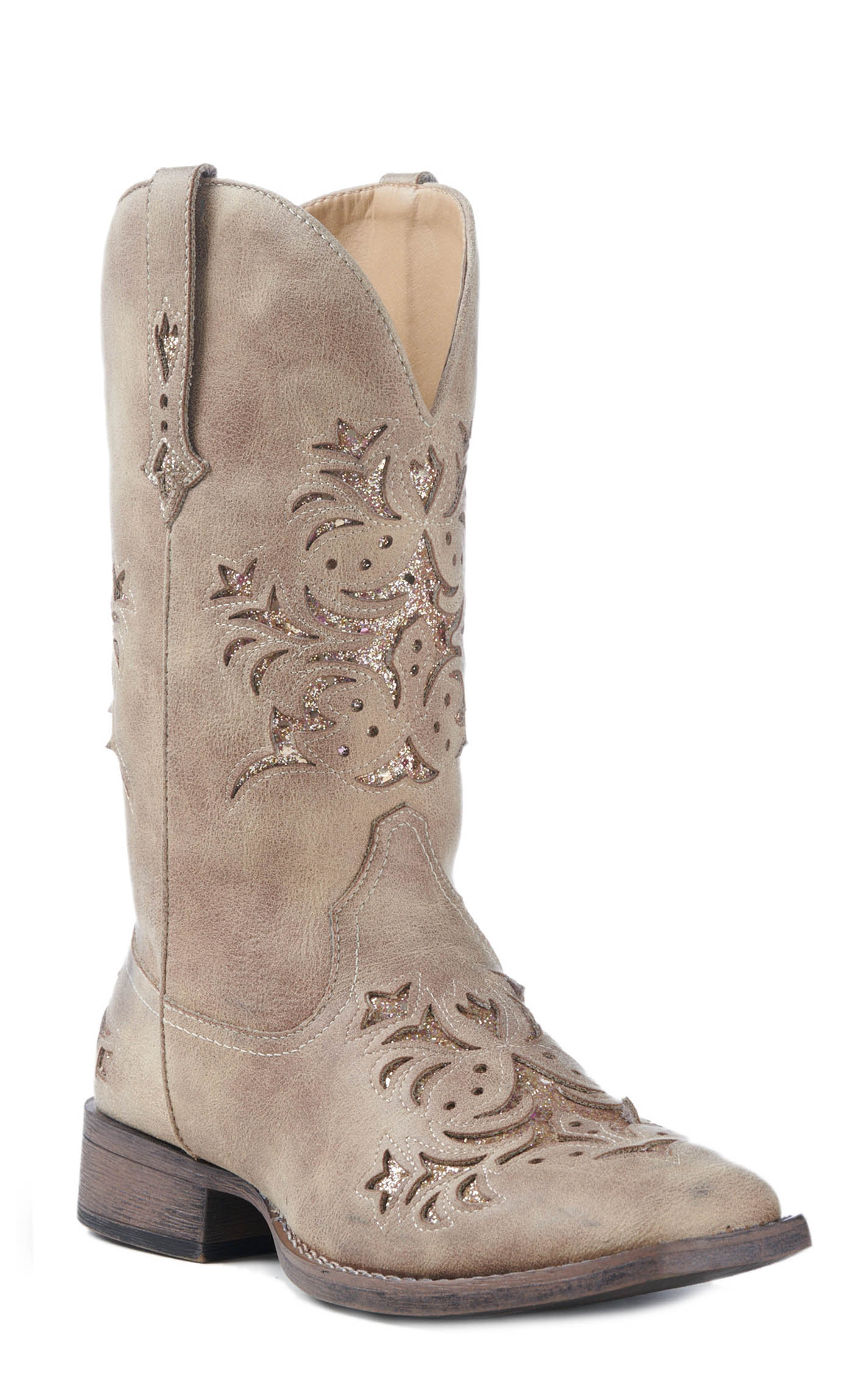 Roper Women's Tan Faux Leather with Gold Glitter Inlay Square Toe Cowboy Boot - Image 1