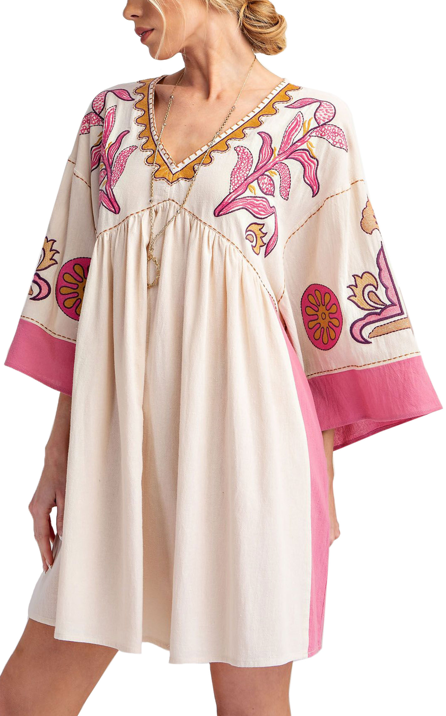 EASEL Women's Cream & Rose Embroidered Dress - Image 1