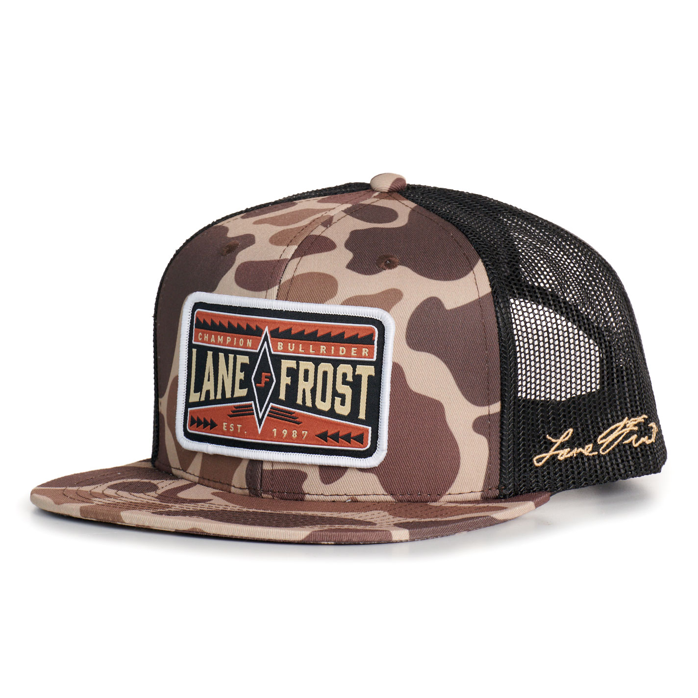Lane Frost Apache Camo & Black Rectangle Patch Trucker Cap - Image 1