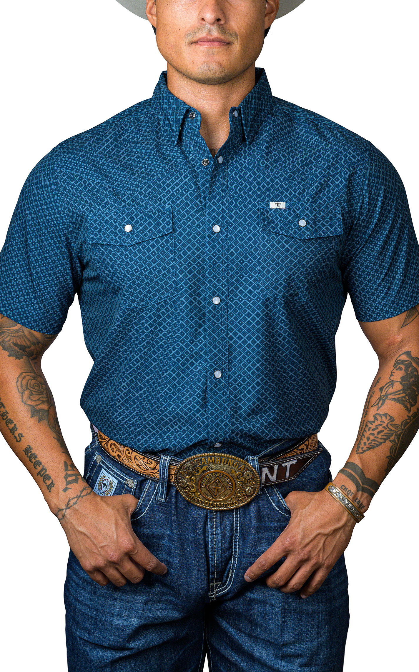 Ferrell Men's Teal Blue & Navy Geo Print Western Shirt - Image 2