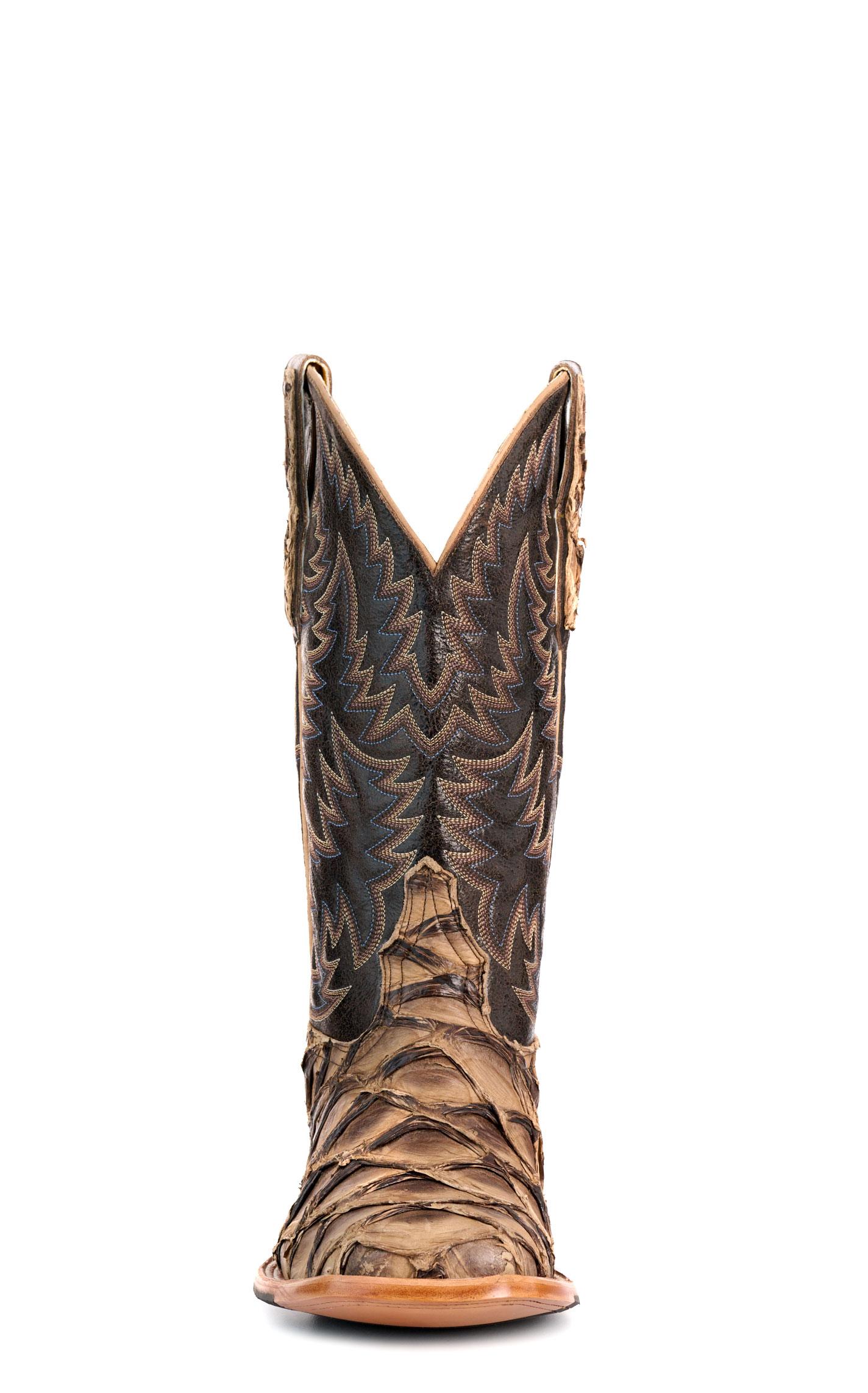 Cavender’s Men’s Chocolate and Coffee Pirarucu and Leather Wide Square Toe Exotic Cowboy Boots - Image 1
