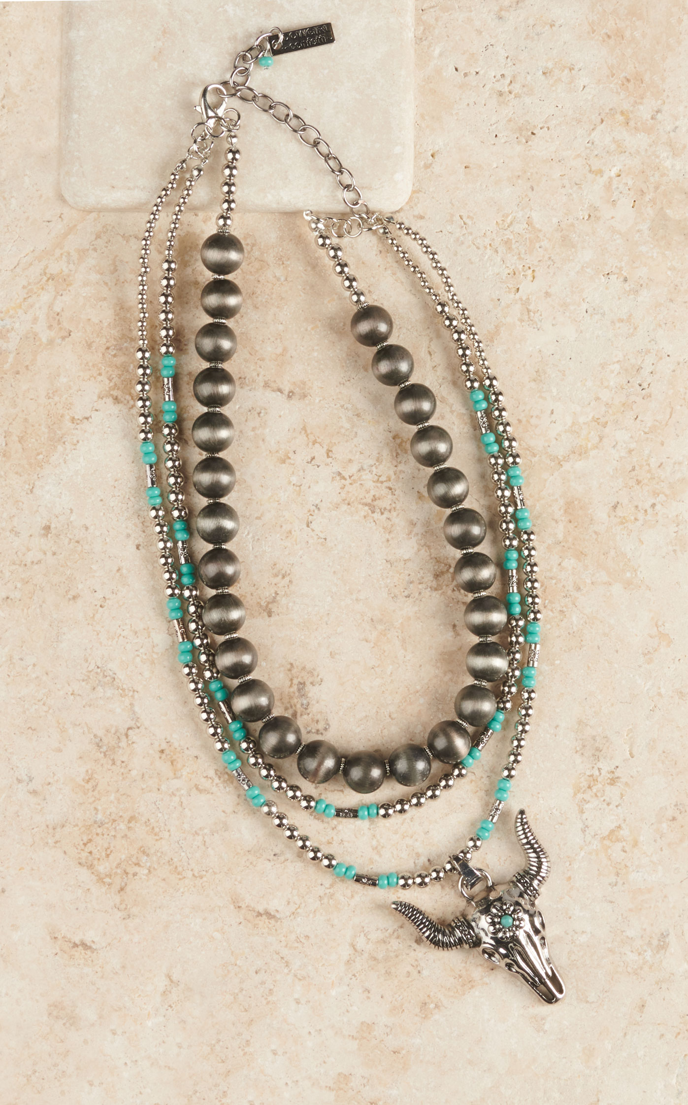 Cowgirl Confetti 3 Strand Silver and Turquoise with Floral Skull Pendant Necklace - Image 1
