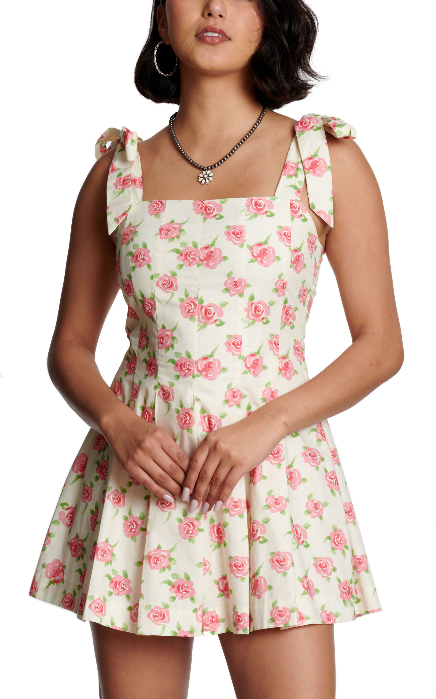 HYFVE Women's Cream & Pink Floral Print Tie Shoulder Dress - Image 1