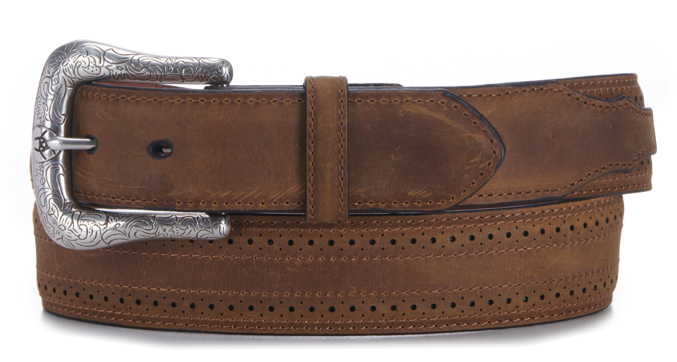 Ariat Men's Brown Leather Tooled Edge with Etched Buckle Western Belt - Image 1