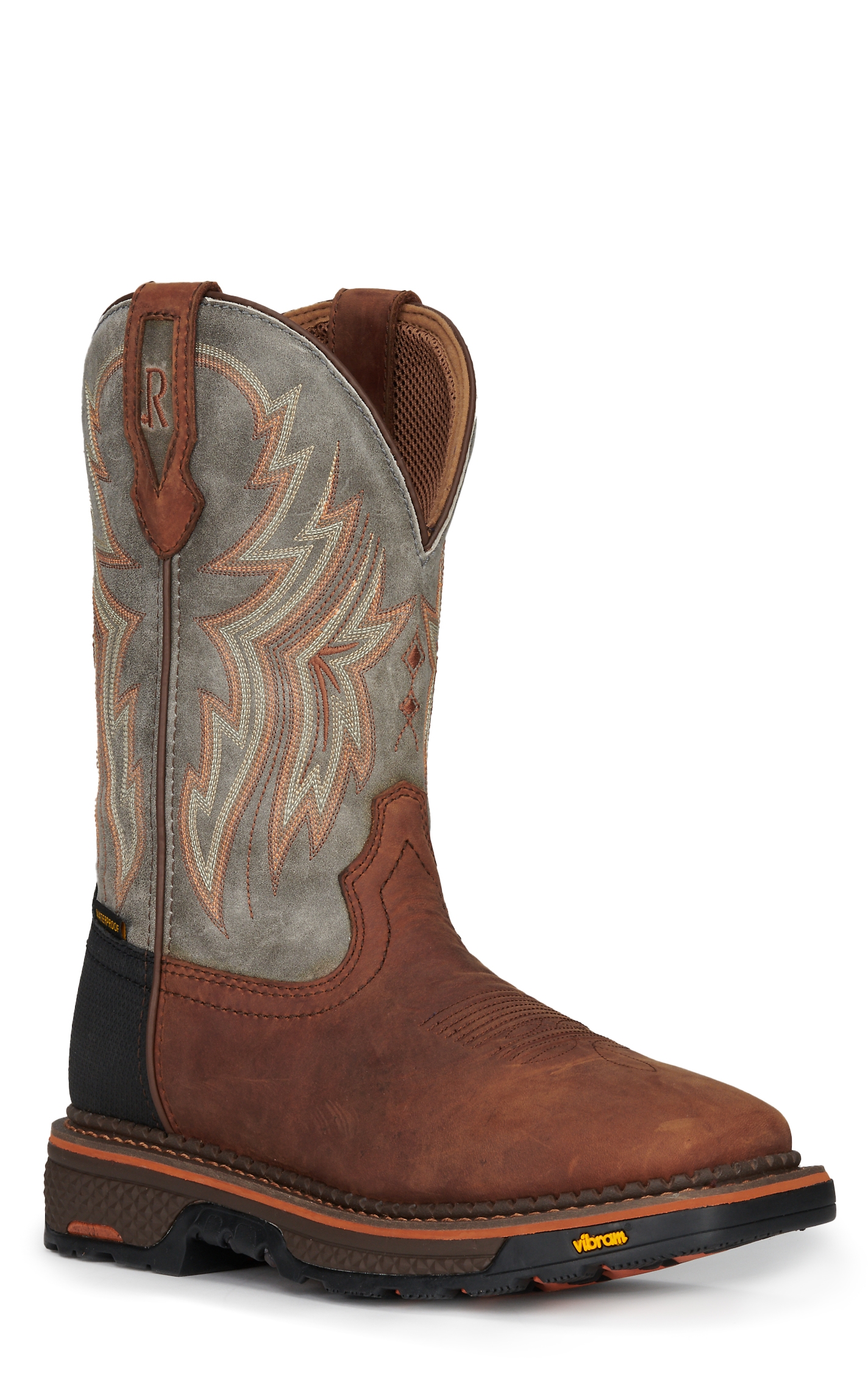 R. Watson Men's Brown and Gray Waterproof Wide Square Toe Cowboy Work Boot - Image 1
