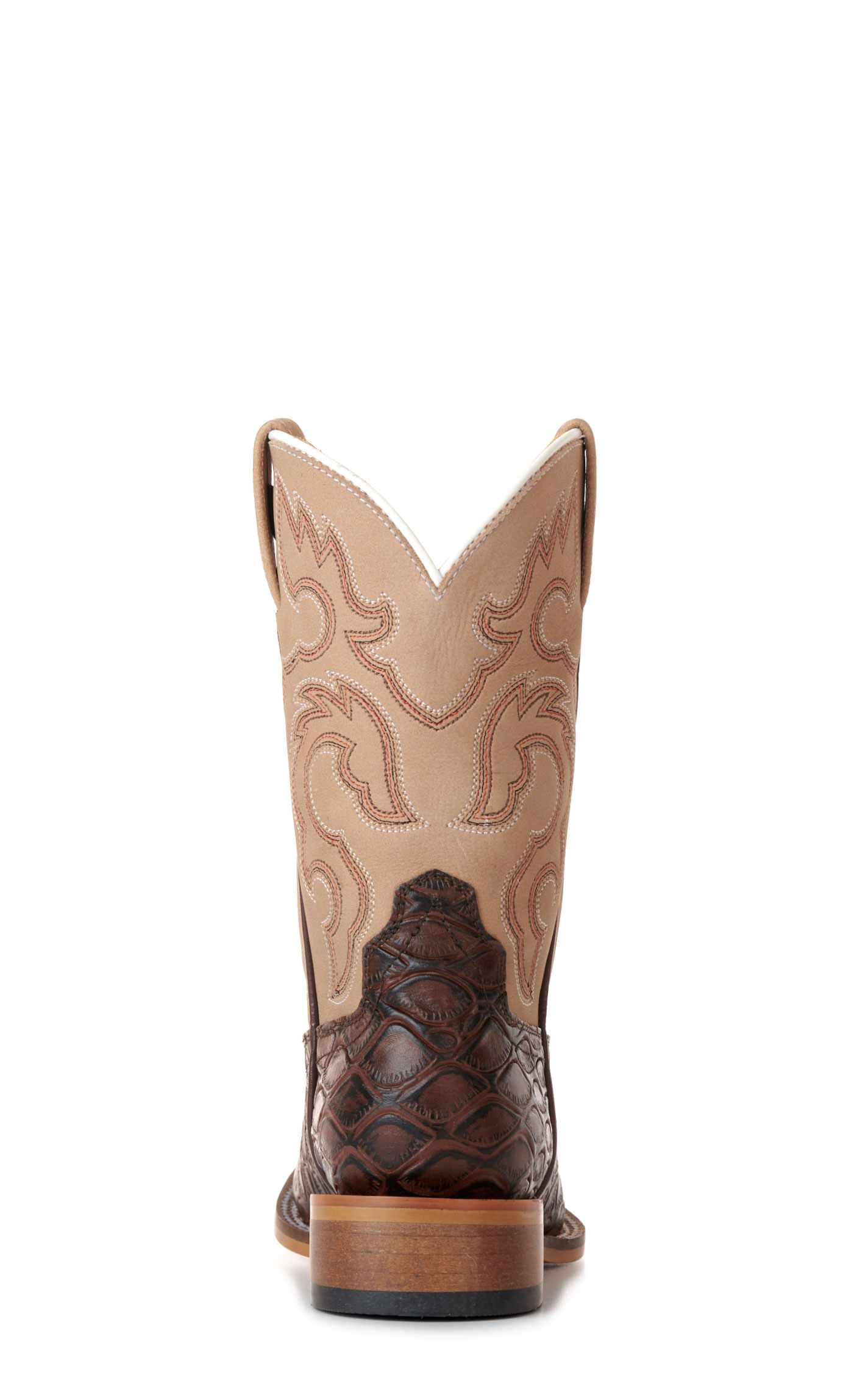 Cavender's Youth Cream & Chocolate Pirarucu Print Wide Square Toe Cowboy Boots - Image 1