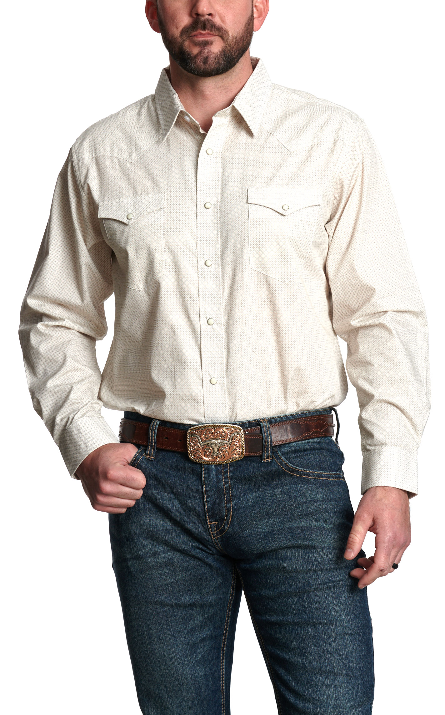 Panhandle Men’s White and Khaki Geo Print Western Shirt - Image 1