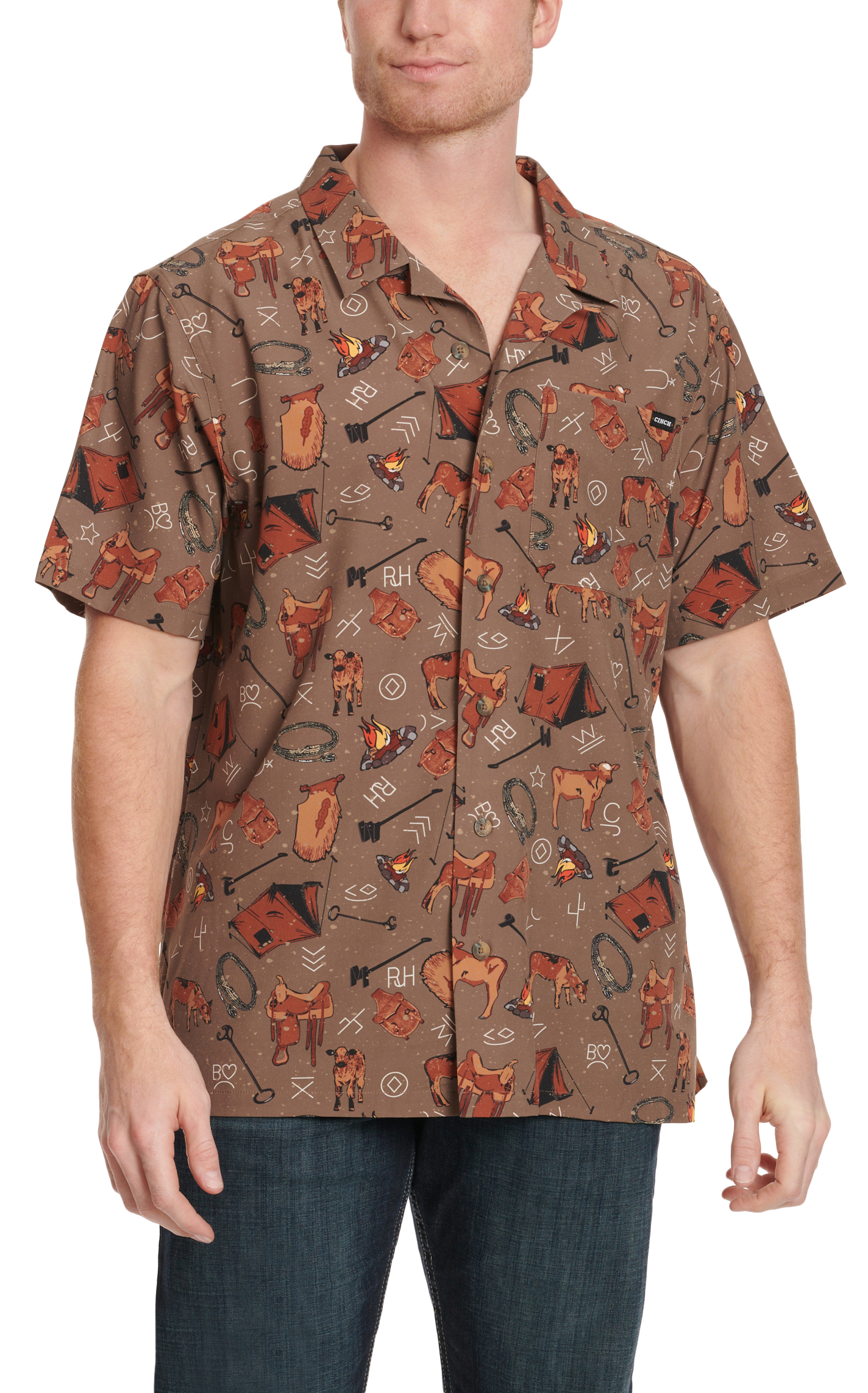 Cinch Men's Chocolate Western Brands & Calf Print Short Sleeve Camp Shirt  - Image 1