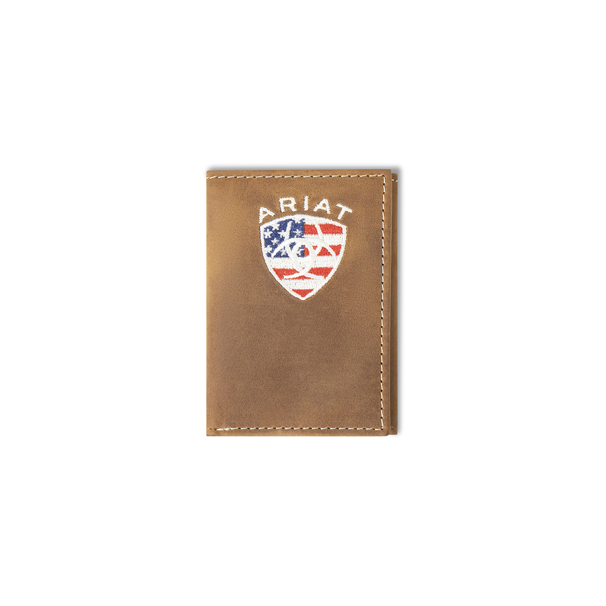 Ariat Tawny-Brown Leather & Flag Shield TriFold Wallet - Image 1