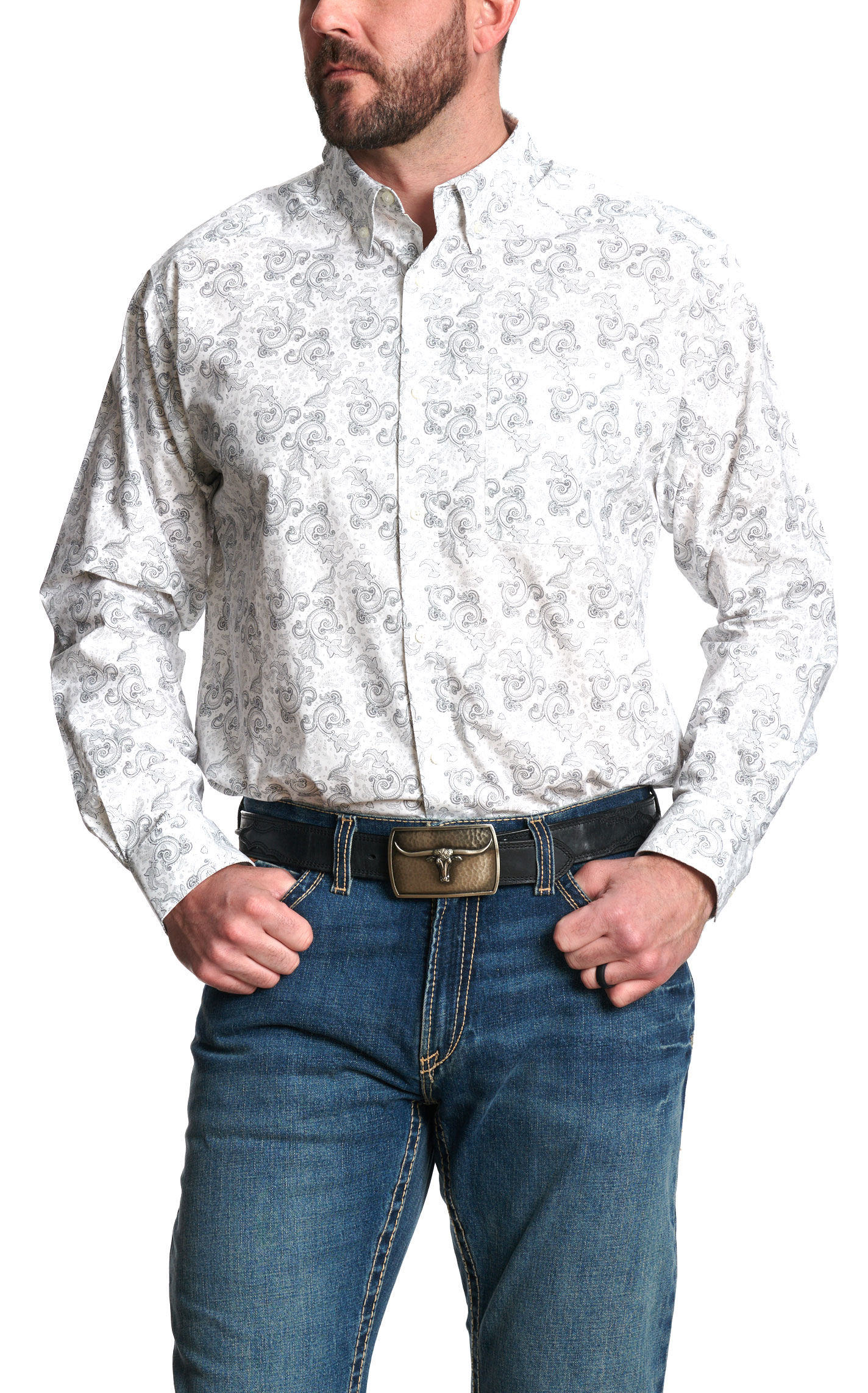 Ariat Men's Gray/White Paisley Print Button Down Shirt - Big & Tall - Image 1