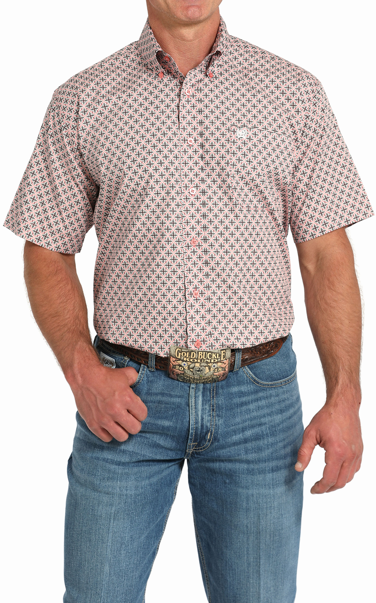 Cinch Men's Pink & Black Geo Western Shirt - Image 1
