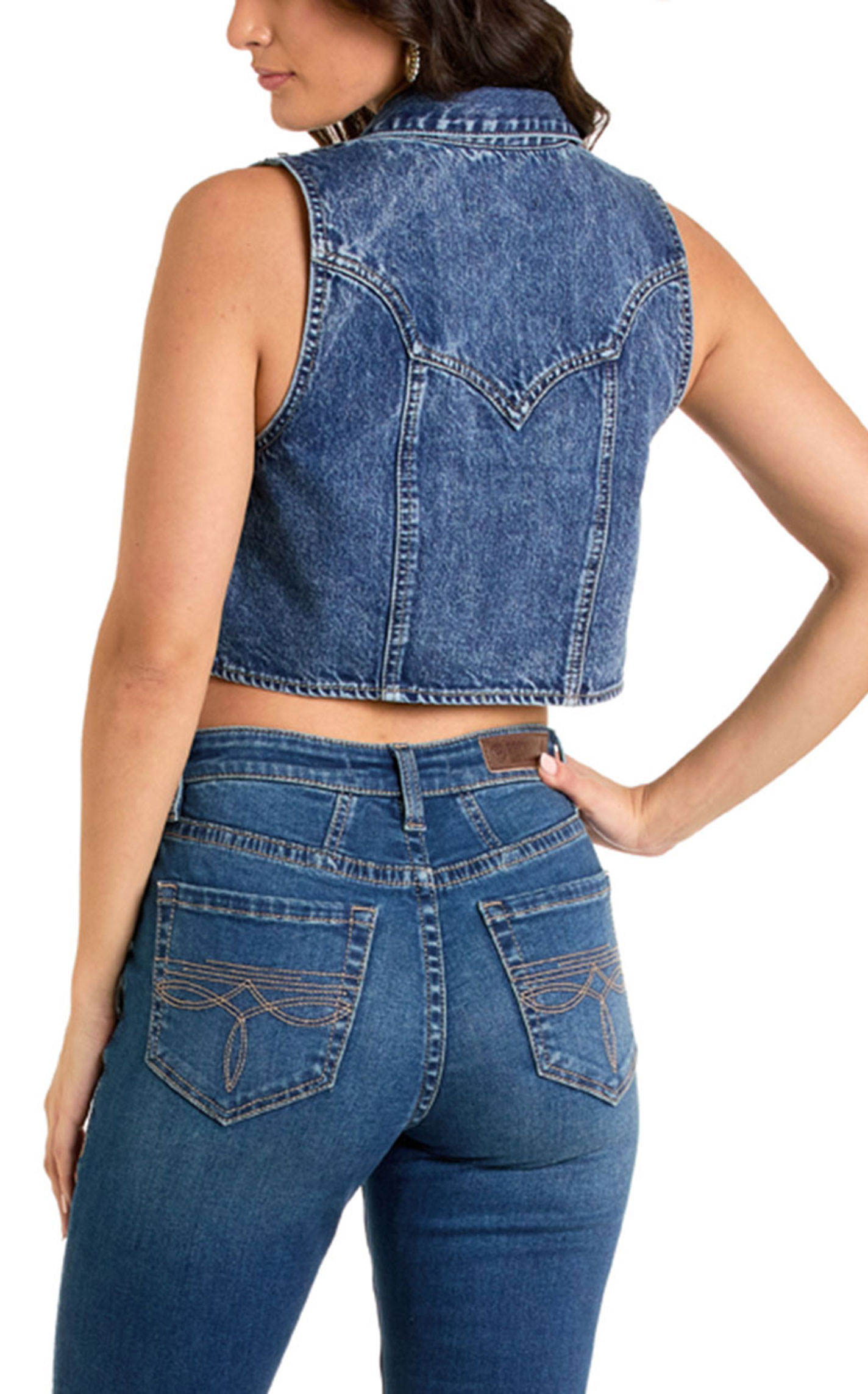 Rock & Roll Denim Women's Sparkle Fringe Cropped Denim Vest - Image 2