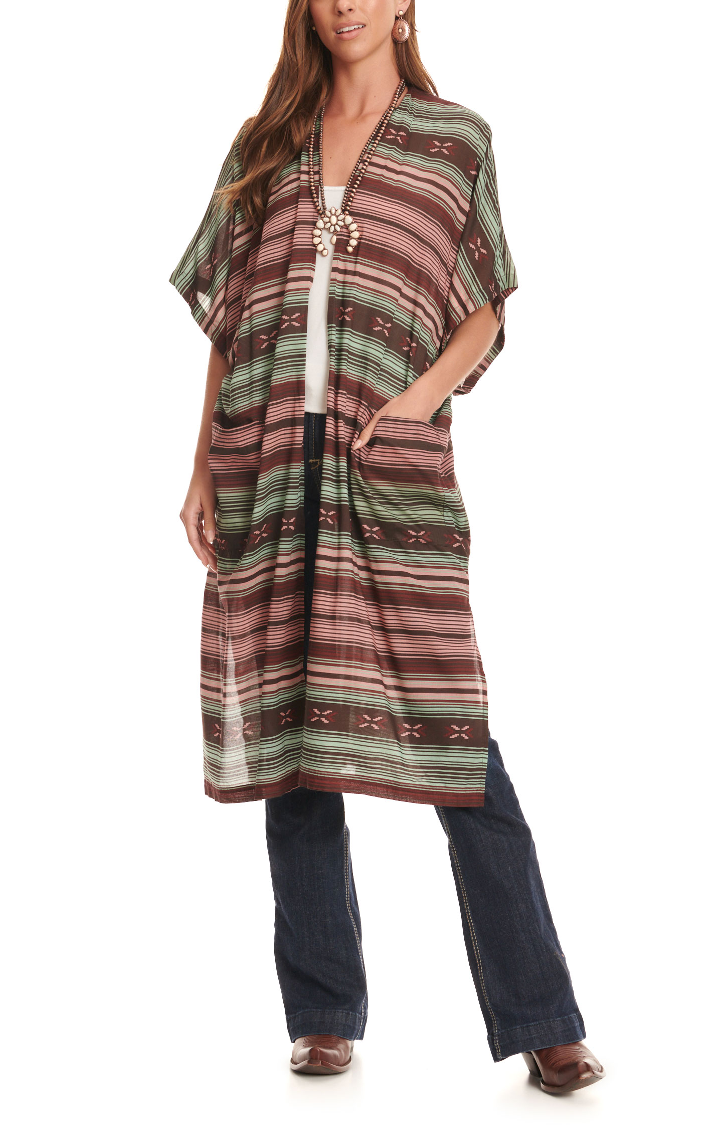 Ariat Women's Shades of Brown Aztec Serape Duster-Length Kimono - Image 1
