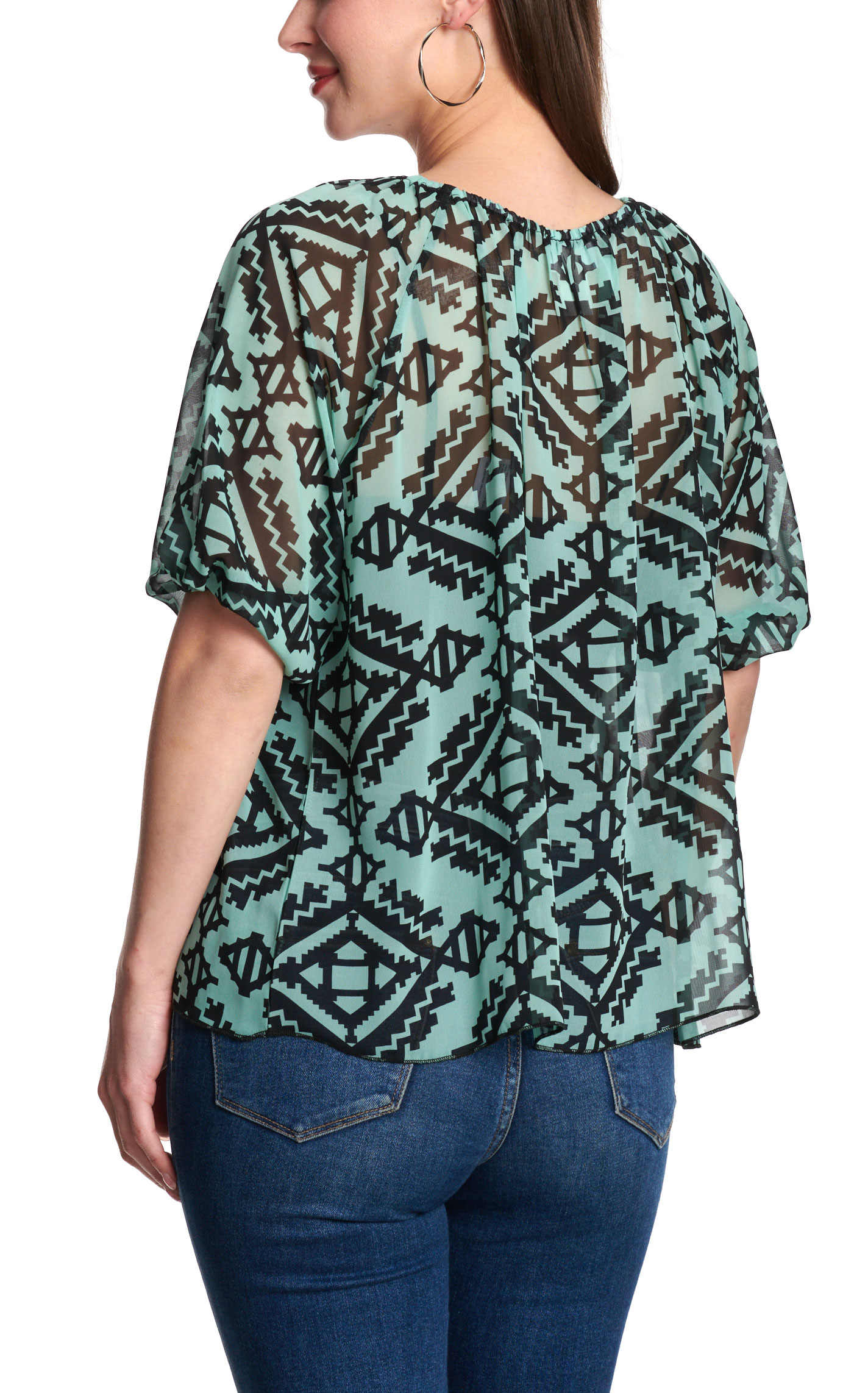 R. Rouge Women's Teal Black Aztec Print Sheer Puff Sleeve Top - Image 1