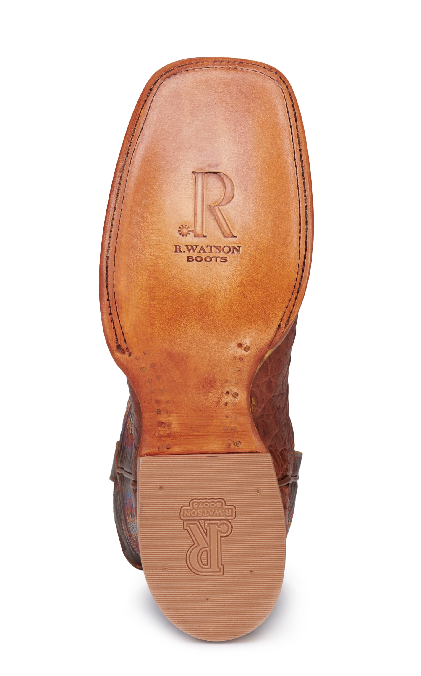 R Watson Men's Antique Cognac Caiman Belly Wide Square Toe Exotic Cowboy Boots - Image 1