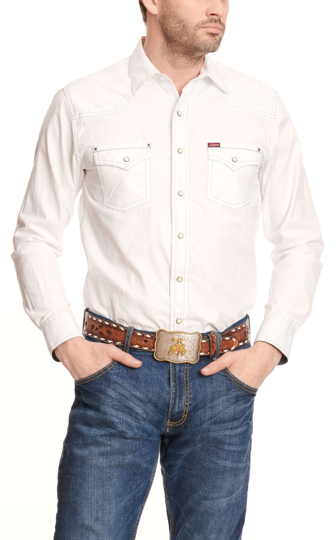 Rafter C Red Dirt Collection Men's Textured White Dobby No Iron Long Sleeve Stretch Western Shirt - Image 4