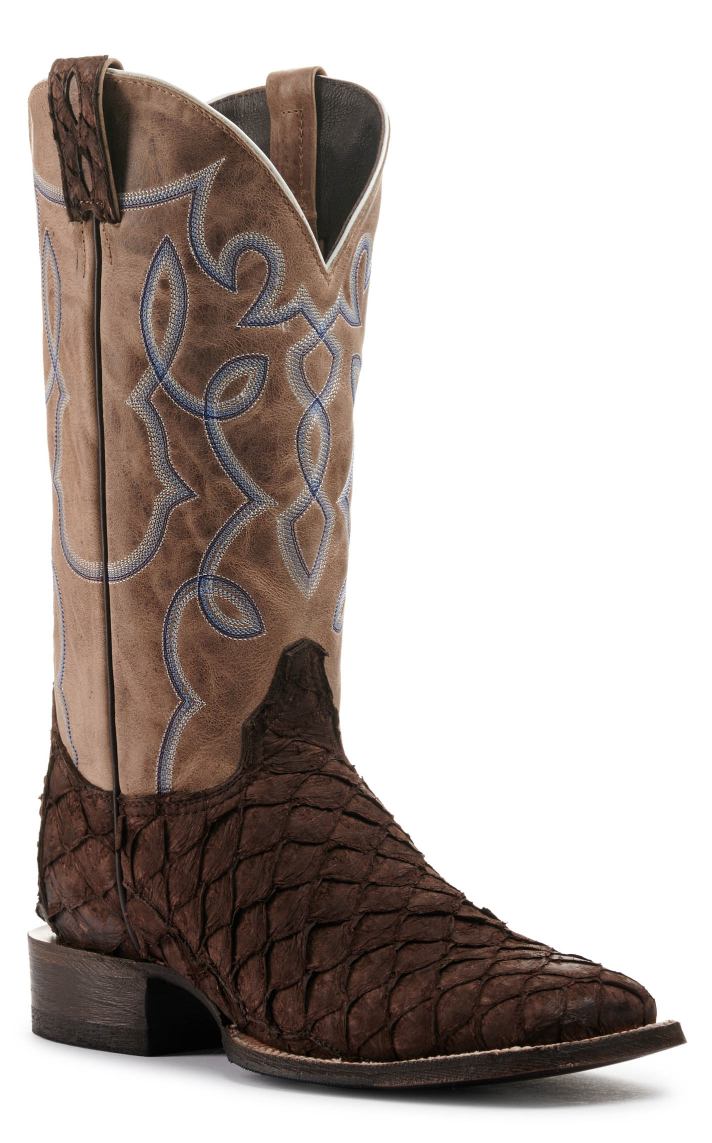 Cavender's Men's Chocolate Pirarucu and Orix Tan Cowhide Wide Square Toe Exotic Cowboy Boots - Image 1