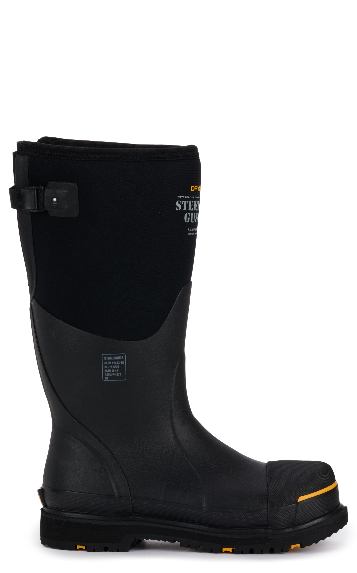 Dryshod Men's Black and Yellow Adjustable Gusset Round Steel-Toe Rubber Work Boot - Image 1