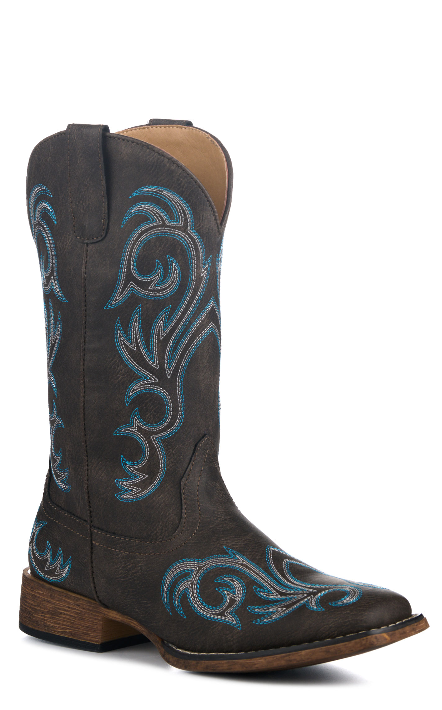 Roper Women’s Riley Brown with Blue Embroidery Faux Leather Wide Square Toe Cowboy Boots - Image 1