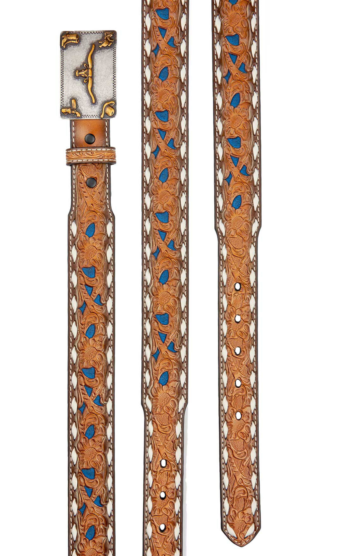 3D Belt Co Boy's Brown Leather with Blue Inlay and Silver and Gold Western Belt Buckle - Image 1