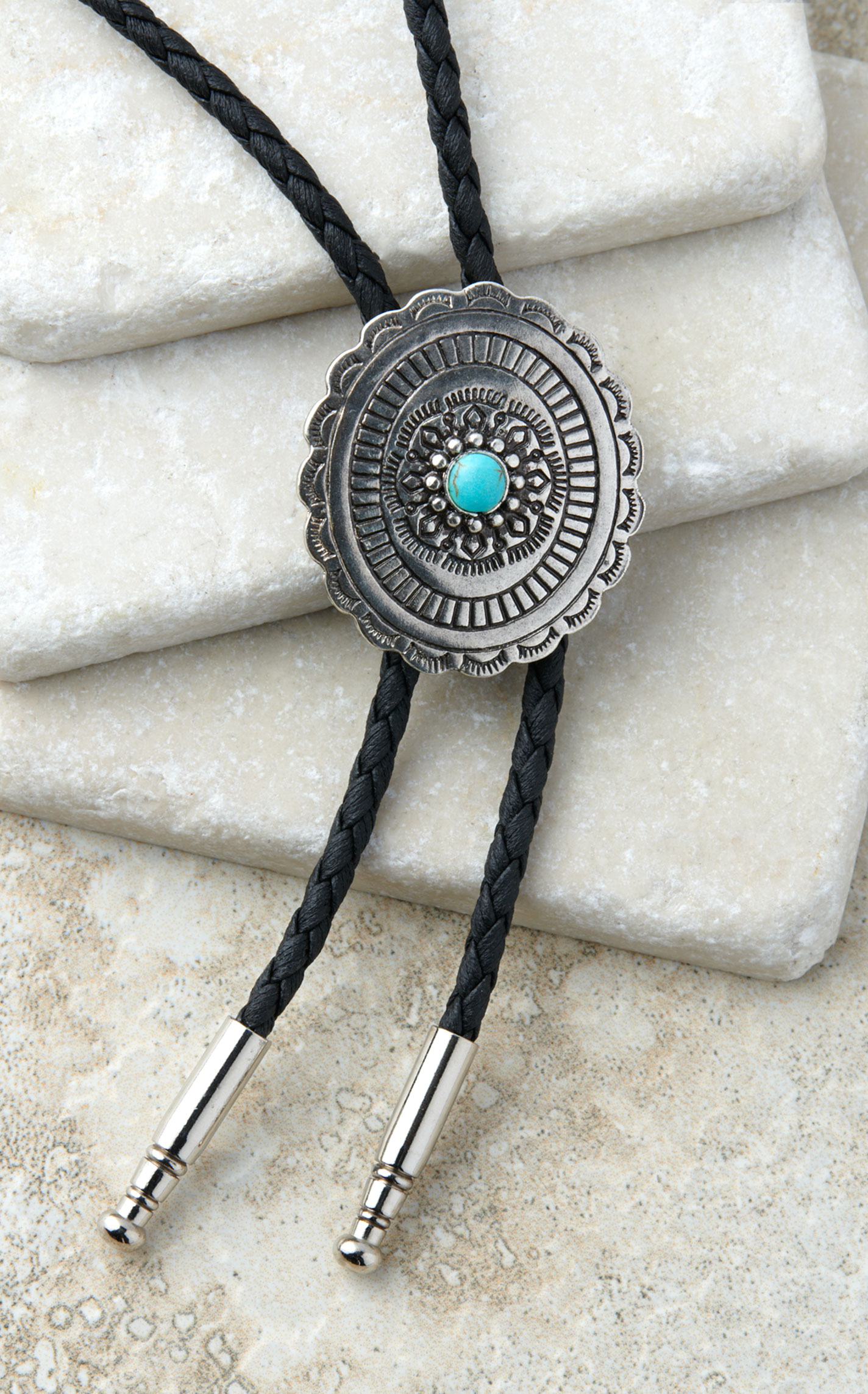 Etched Silver & Turquoise Stone Concho Bolo Tie - Image 1