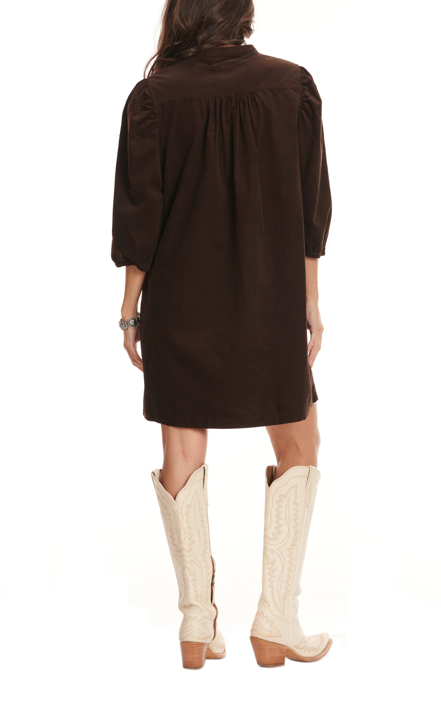 Rockin C Women's Dark Chocolate Brown Corduroy 3/4 Puff Sleeve Dress - Image 1