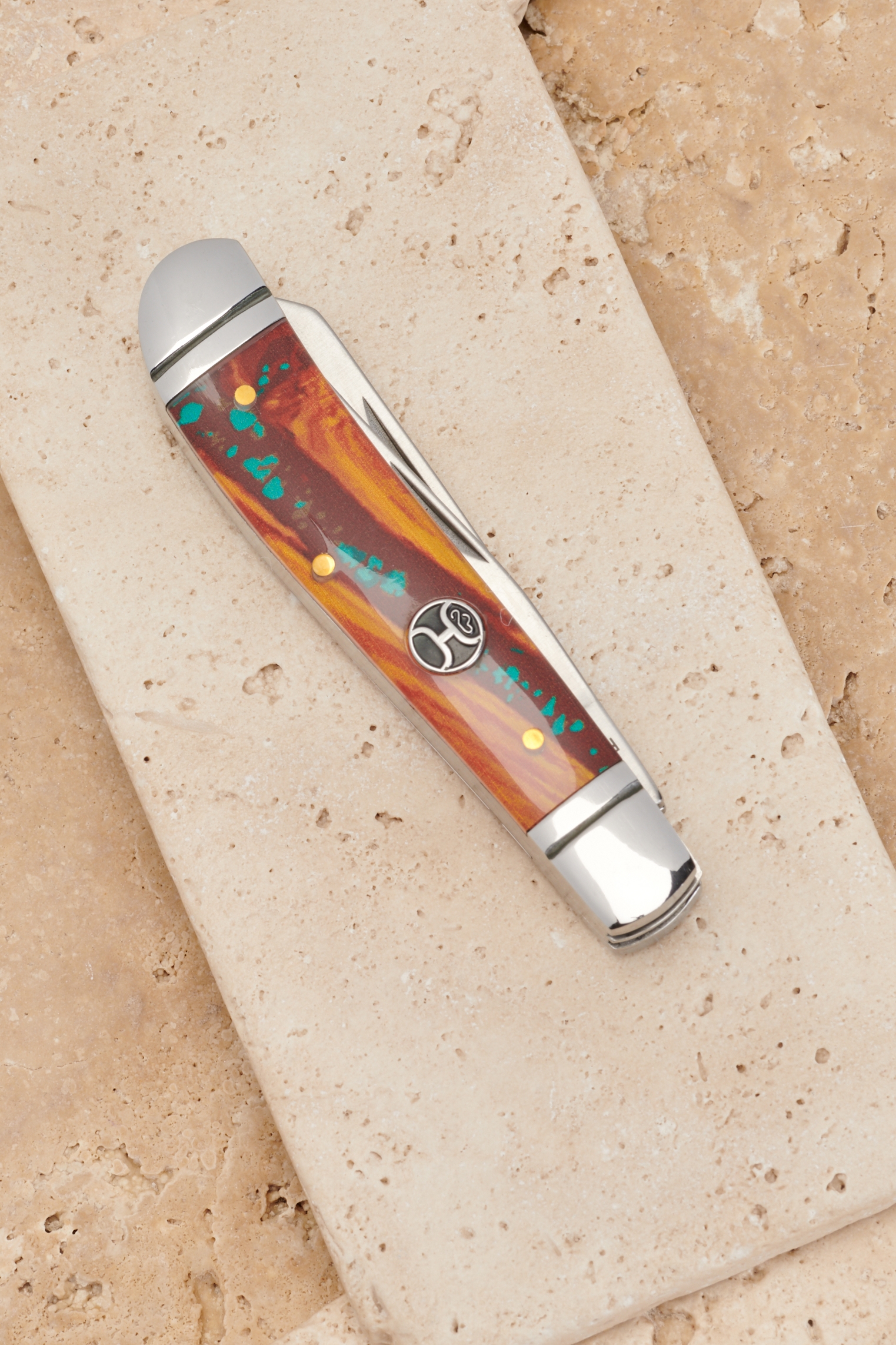 HOOey Brown with Turquoise Acrylic Medium Trapper Knife - Image 1