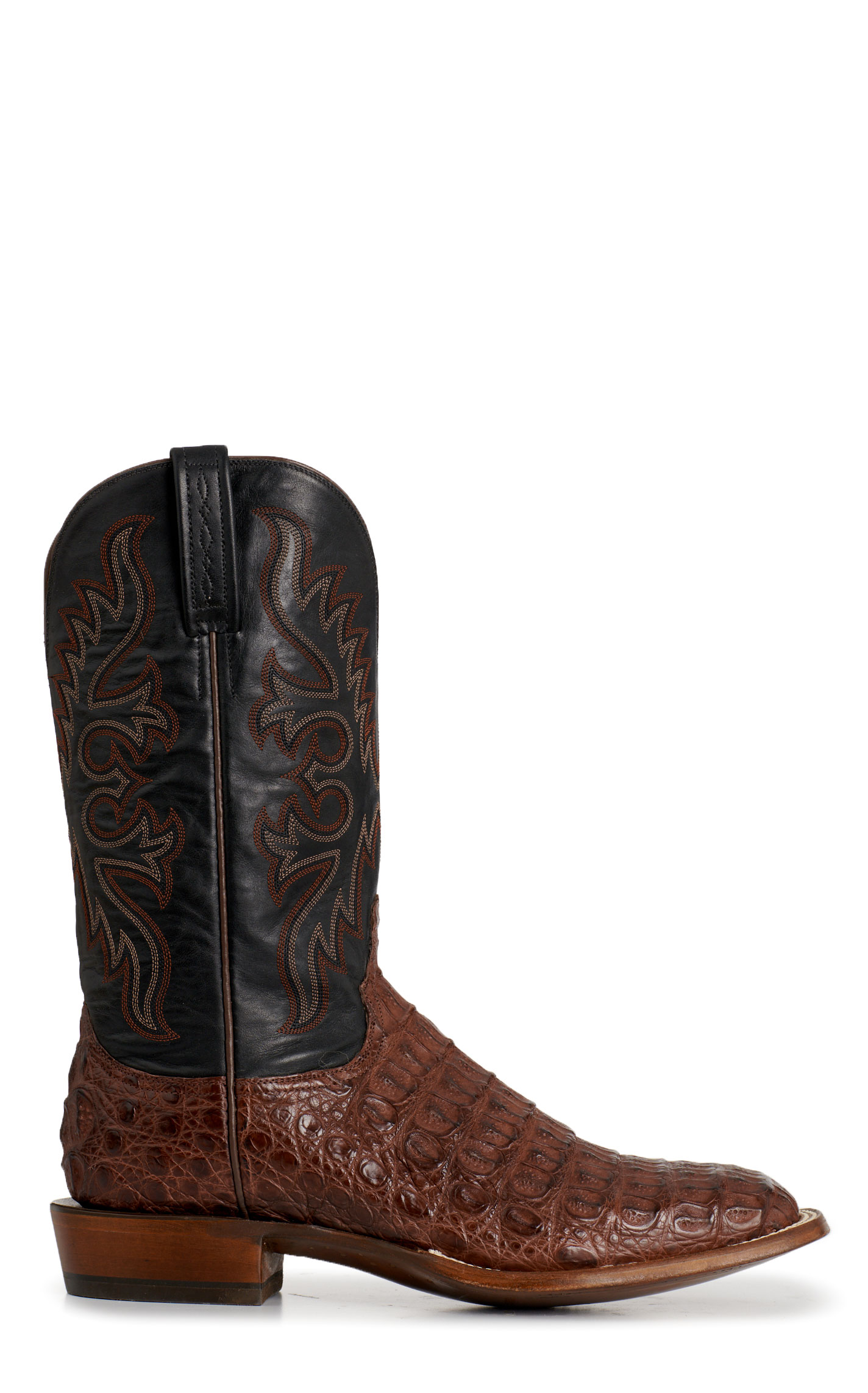 Lucchese Men's Burnt Umber Black Ranch Caiman Wide Square Toe Cowboy Boots - Image 1