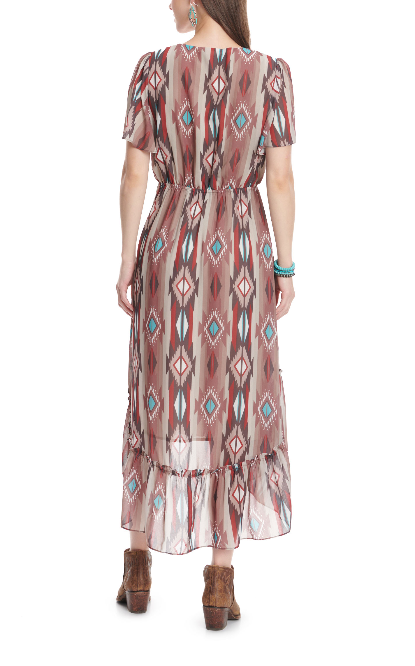 Cowgirl Legend Women's Shades of Coffee Aztec Stripe Short Flutter Sleeve Hi-Lo Dress - Image 1