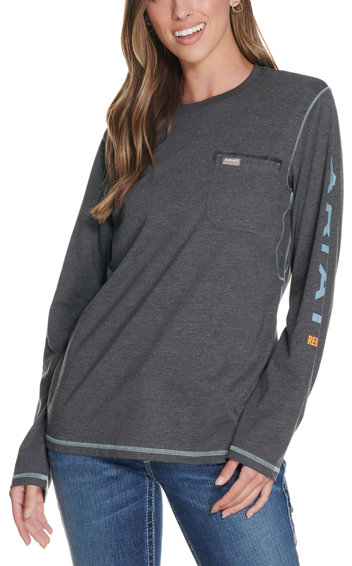 Ariat Women's Rebar Charcoal with Blue Logo Long Sleeve Work T-Shirt - Plus Sizes - Image 1