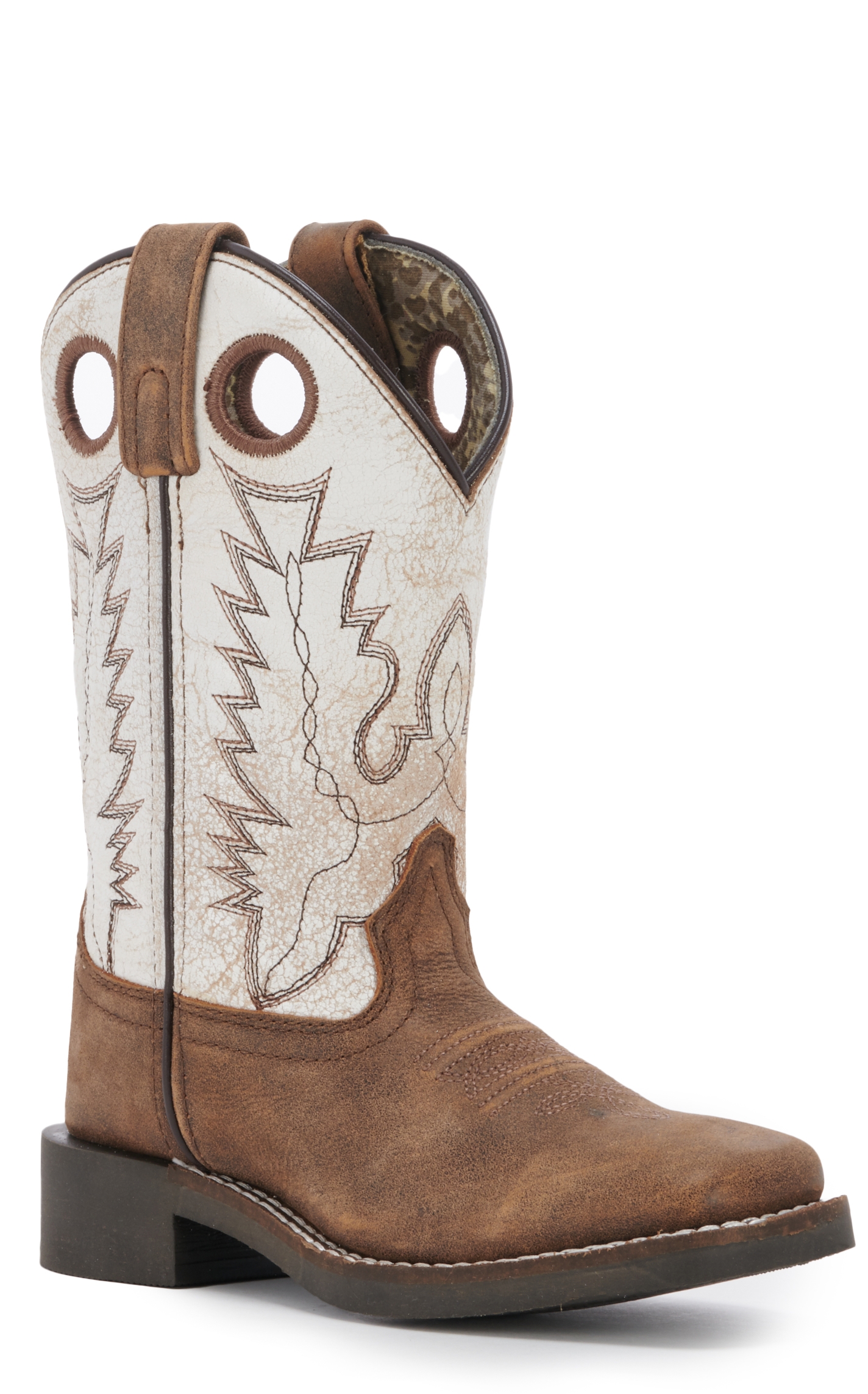 Smoky Mountain Kids Distressed Brown and Antique White Wide Square Toe Cowboy Boots - Image 1