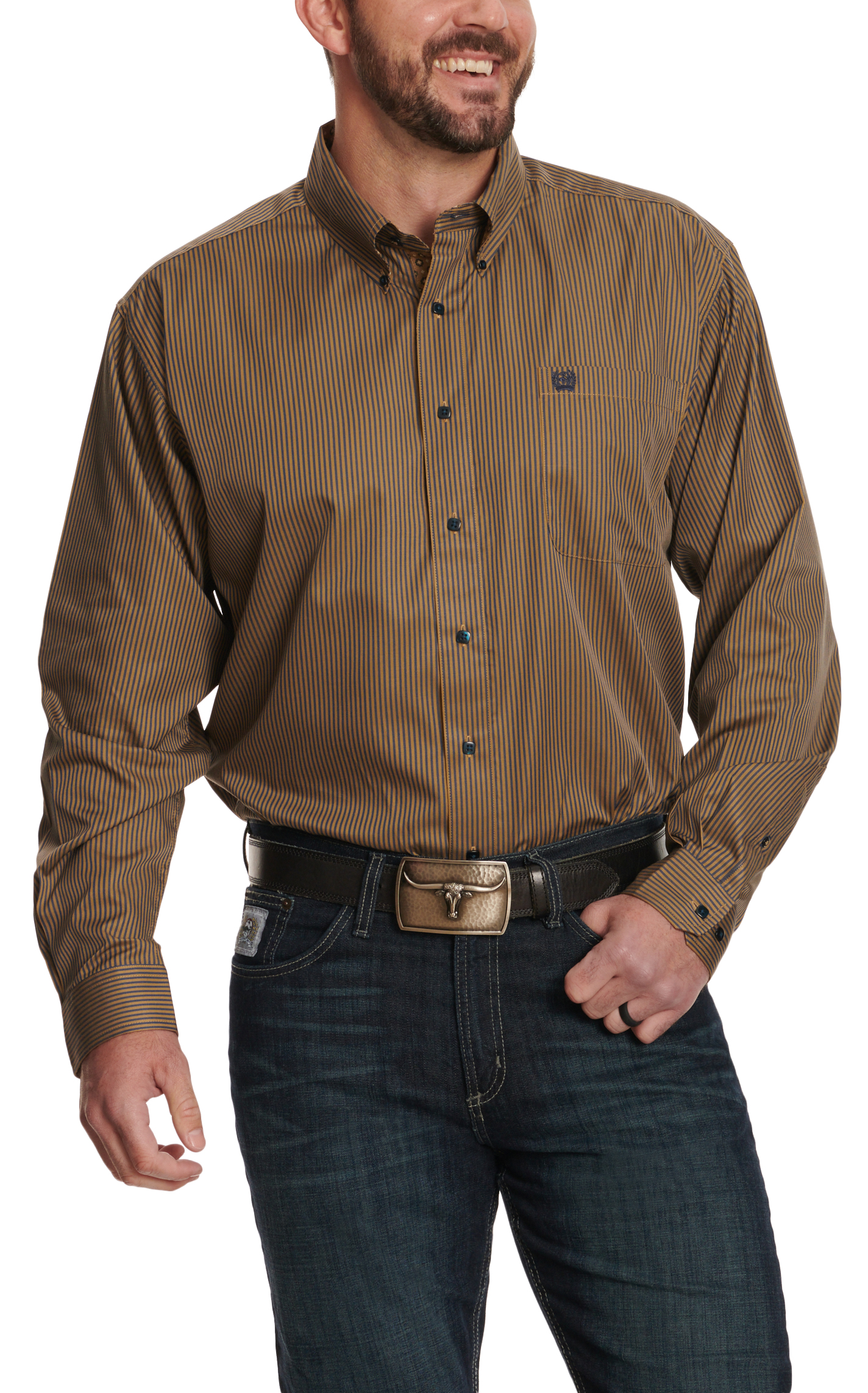 Cinch Men's Navy & Coffee TENCEL™ Striped Print Western Shirt - Image 1