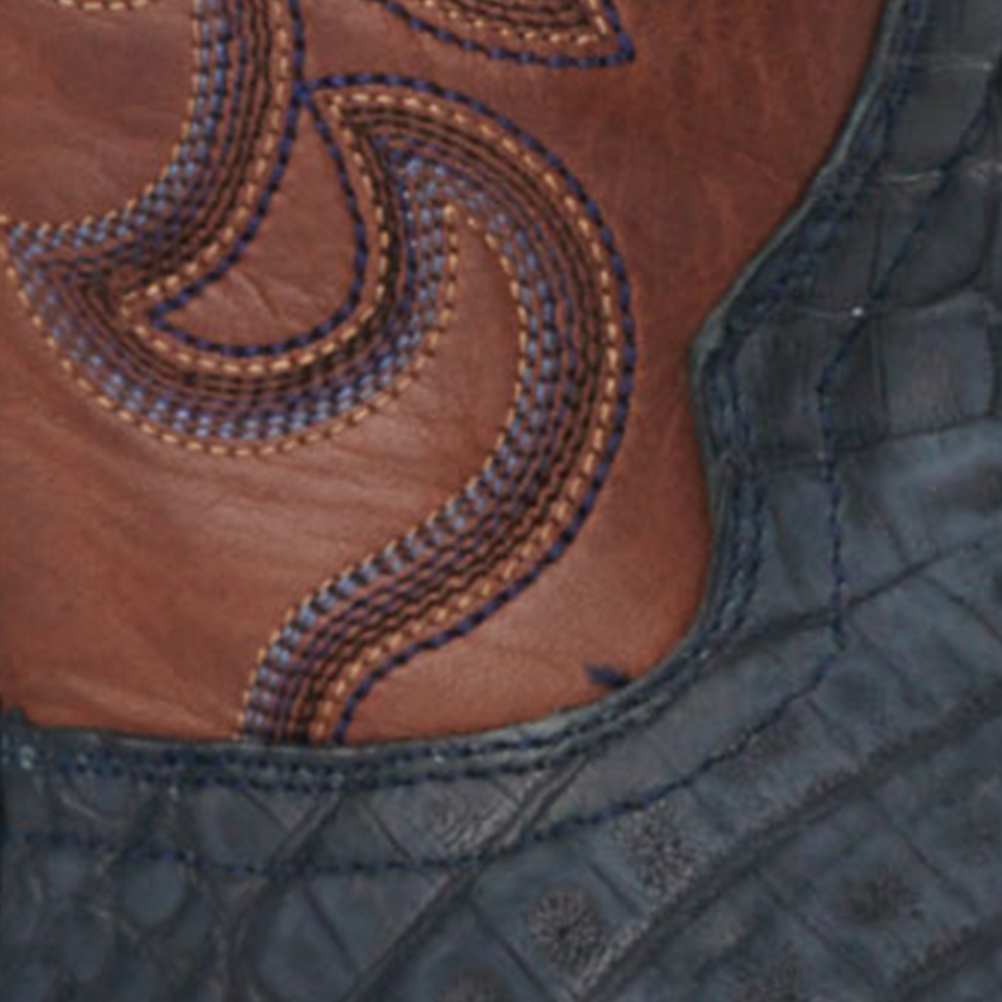 Cavender's Men's Brown and Blue Sueded Caiman Wide Square Toe Exotic Cowboy Boots - Image 1