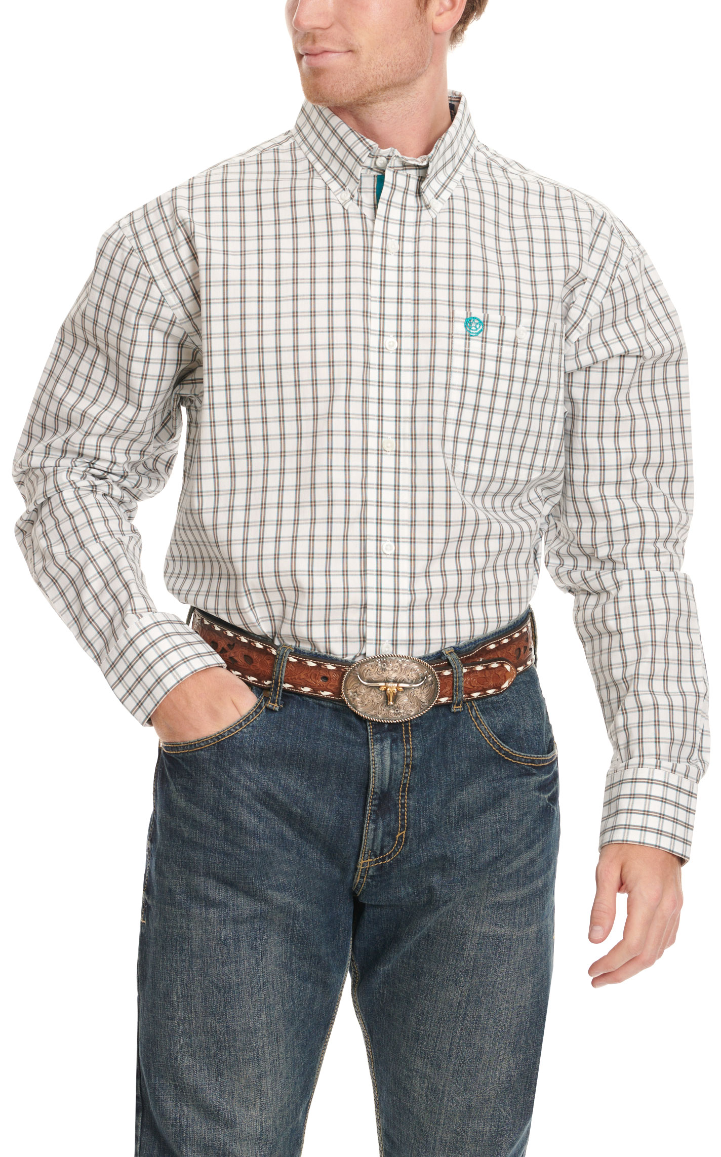Wrangler Men's George Strait Collection Chocolate & Turquoise Plaid Western Shirt - Image 1