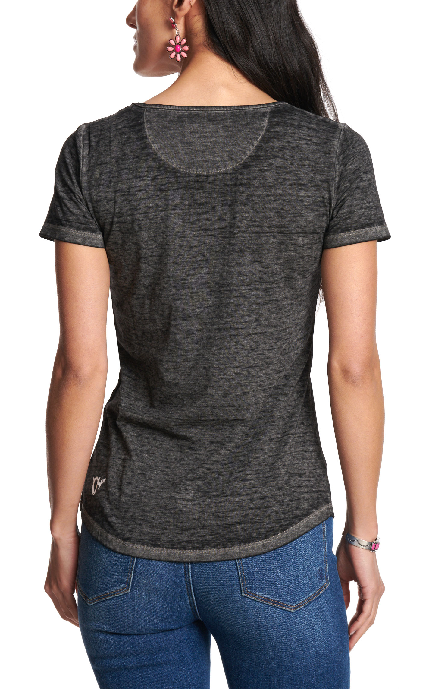 Cowgirl Hardware Women’s Black Cow Print Sparkle Cross T-Shirt - Image 1