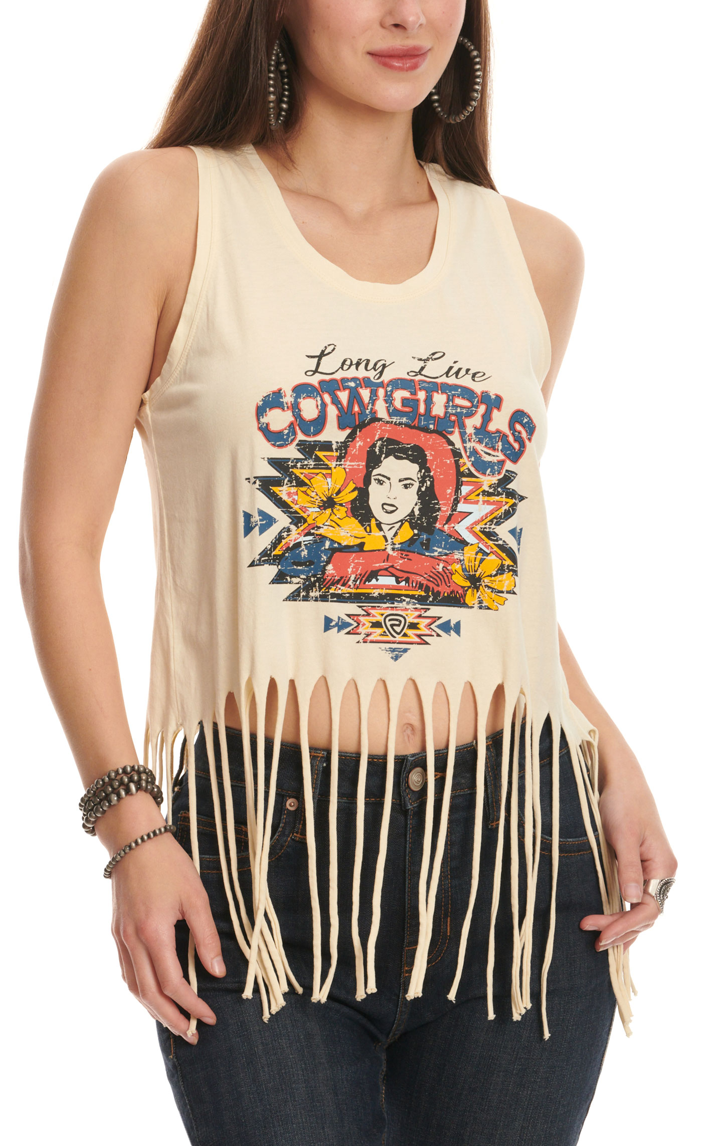 Rock & Roll Denim Natural Bone Long Live Cowgirls Graphic Fringed Tank Top - Image 1