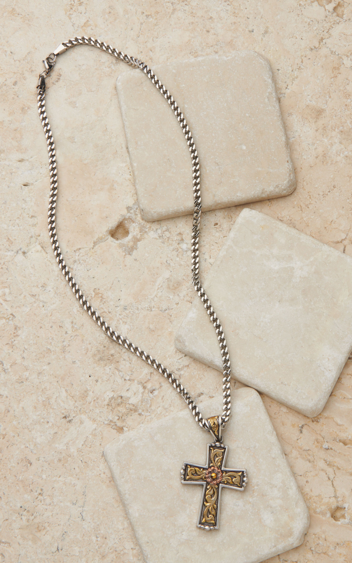 Twister Men's Antique Silver and Gold 24in Cross Necklace - Image 1