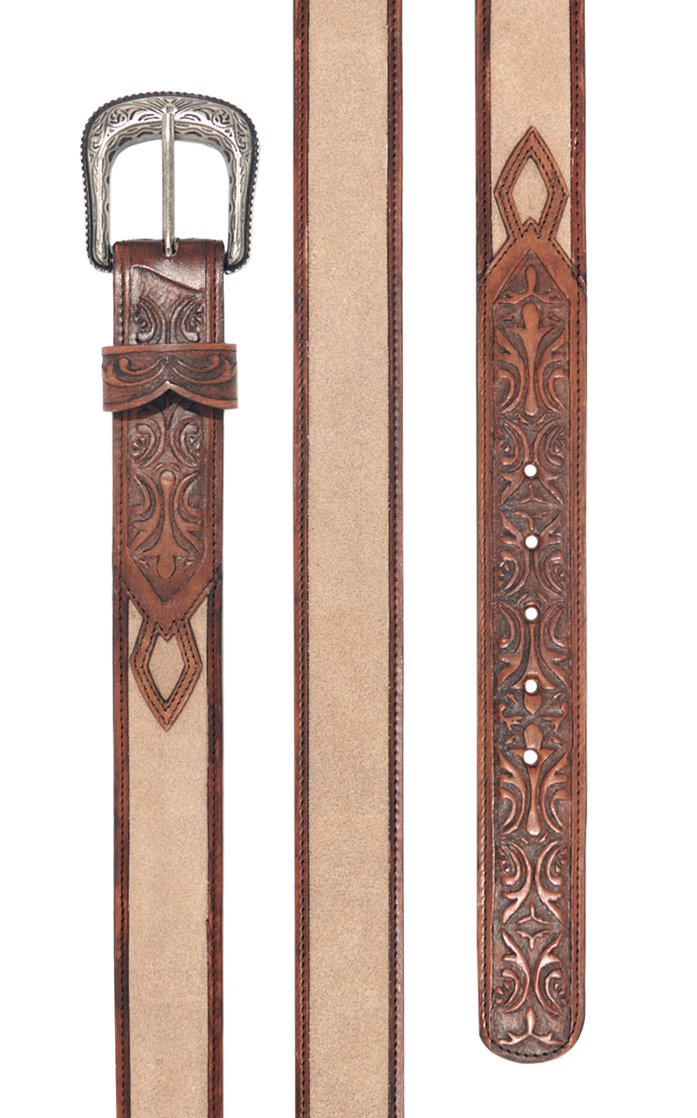 Cavender's Men's Medium Brown Embossed Leather & Light Tan Suede Inlay Belt - Image 1