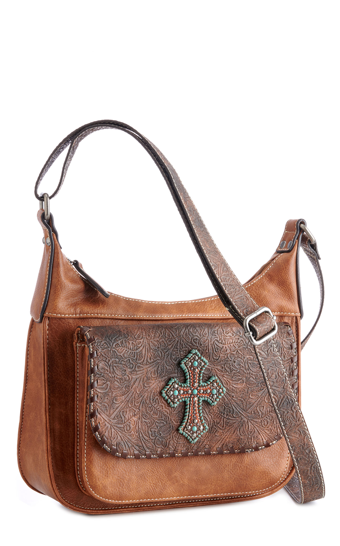 Blazin Roxx Women's Brown Tooled With Cross Concealed Weapon Shoulder Strap Purse - Image 1