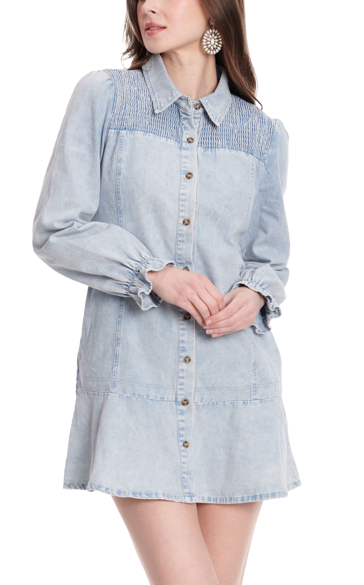 Newbury Kustom Women's Light Wash Denim Smocked Yoke Long Puff Sleeve Dress - Image 1